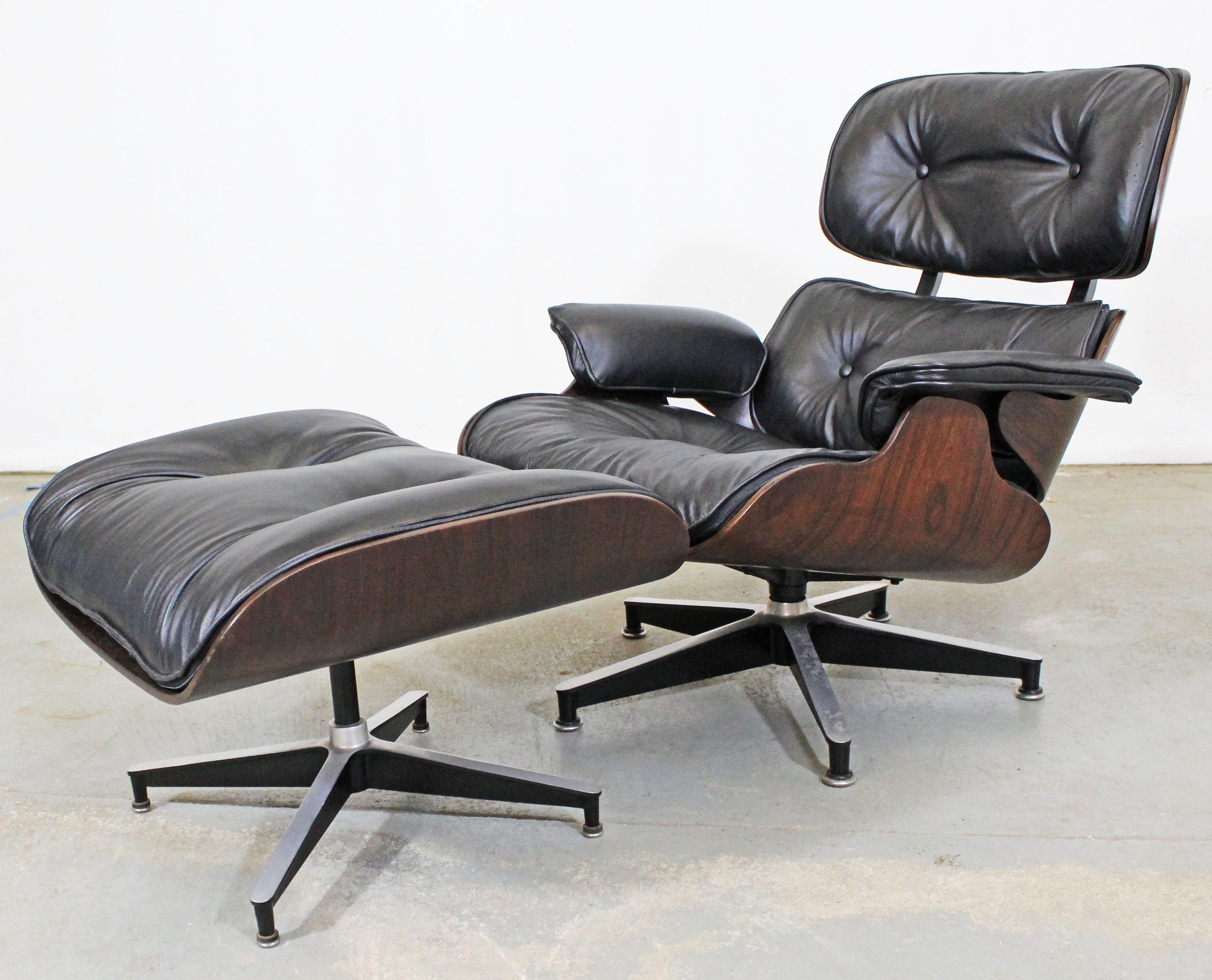 What a find. Offered is restored lounge chair and ottoman by Eames for Herman Miller, 670 & 671. The chair swivels, but does not recline. They have been reupholstered with black leather and freshly refinished rosewood. It is in excellent condition,