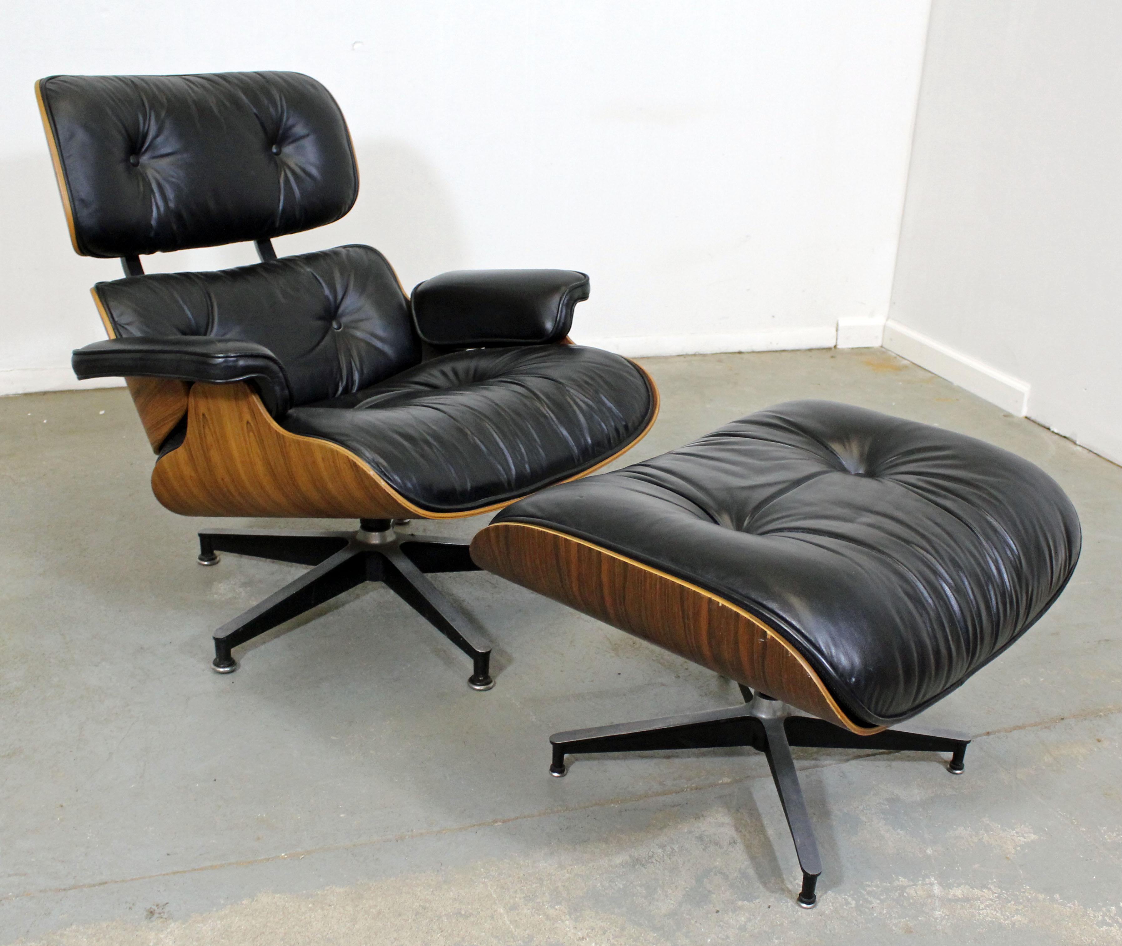 What a find. Offered is later model lounge chair and ottoman by Eames for Herman Miller, 670 & 671. It is in decent condition, but has noticeable age wear (small tears in seat, ottoman missing a button, wear on brushed aluminum legs, small chip on