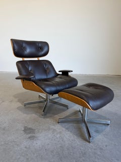 Mid Century Modern Eames Style Lounge Chair and Ottoman, Brown Leather and Oak
