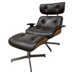 Mid Century Modern Eames Style Lounge Chair and Ottoman, Brown Leather and Oak