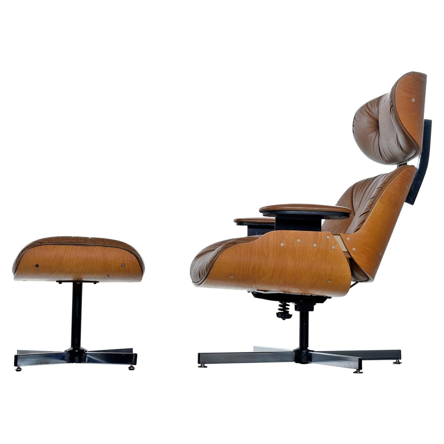 Mid-Century Modern swivel lounge chair and matching ottoman. The original tag is missing, but it's most likely made by Selig or Plycraft. Gorgeous tufted cognac / caramel faux leather with bentwood beech wood frame. The aluminum base has an