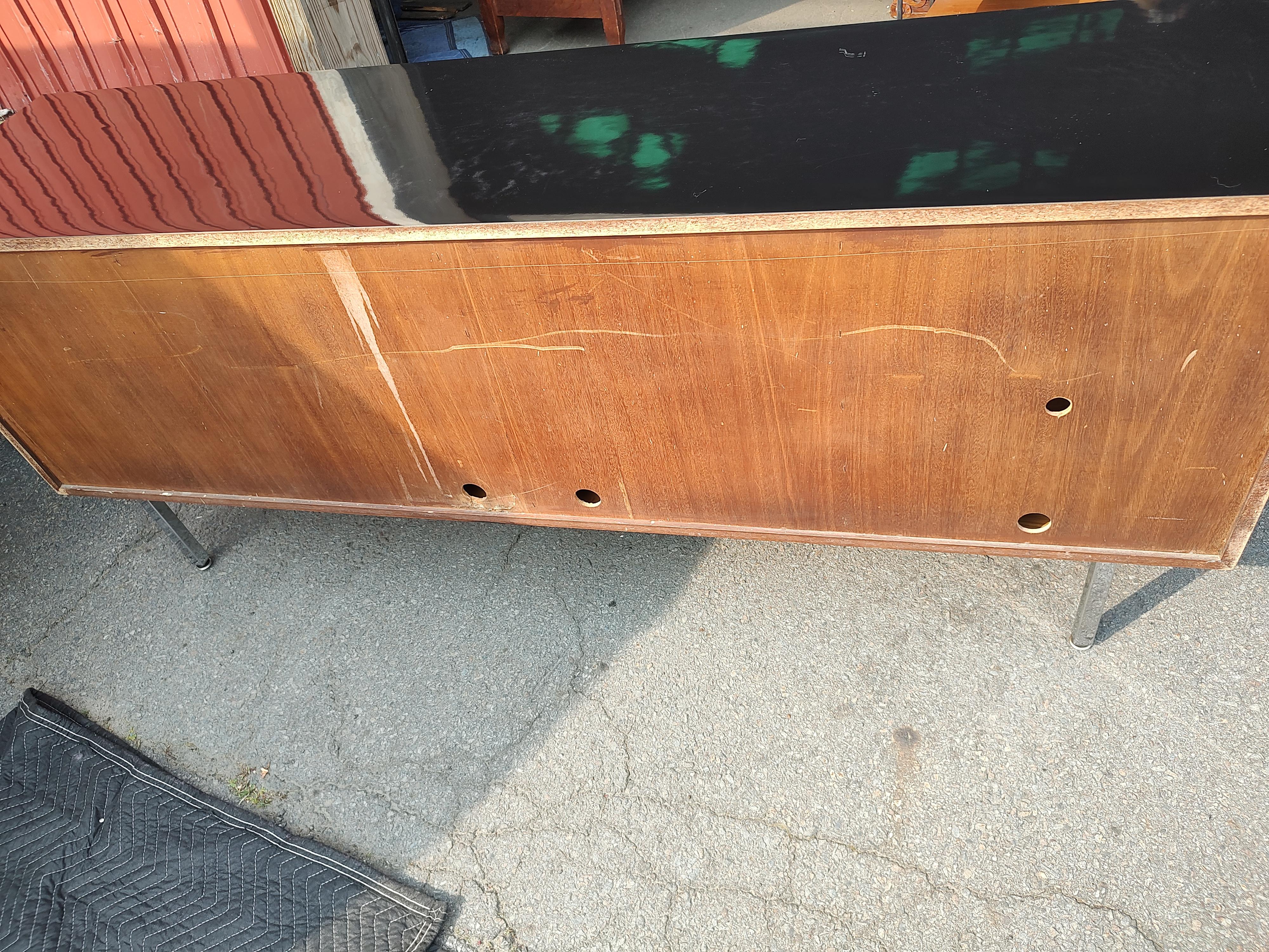 Leather Mid-Century Modern Early Knoll Credenza in Black & White Laminate Oak Interior For Sale