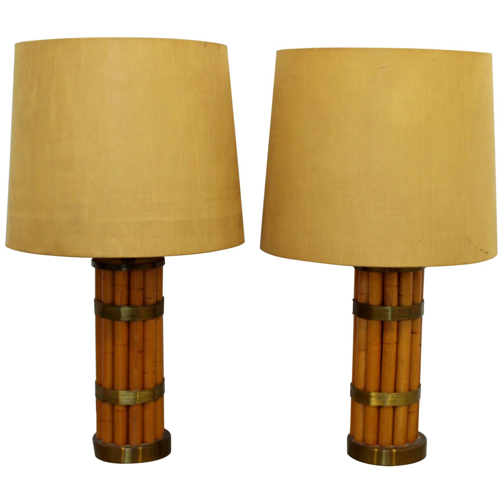 Mid-Century Modern Early Russell Wright Pair of Bamboo & Brass Table Lamps 1950s