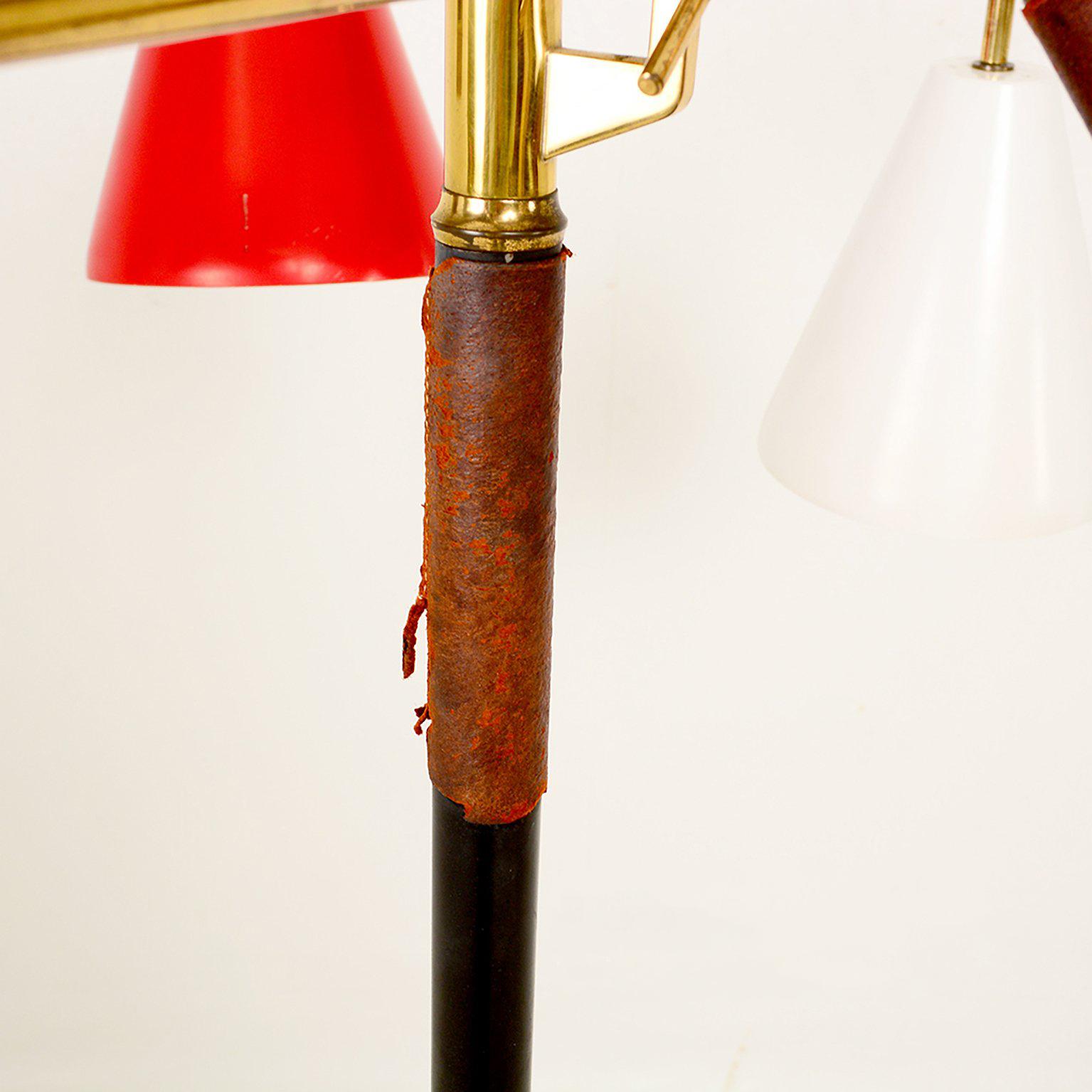Italian Early Triennale Tripod Floor Brass Lamp Brown Leather Italy 1950s Gino Sarfatti