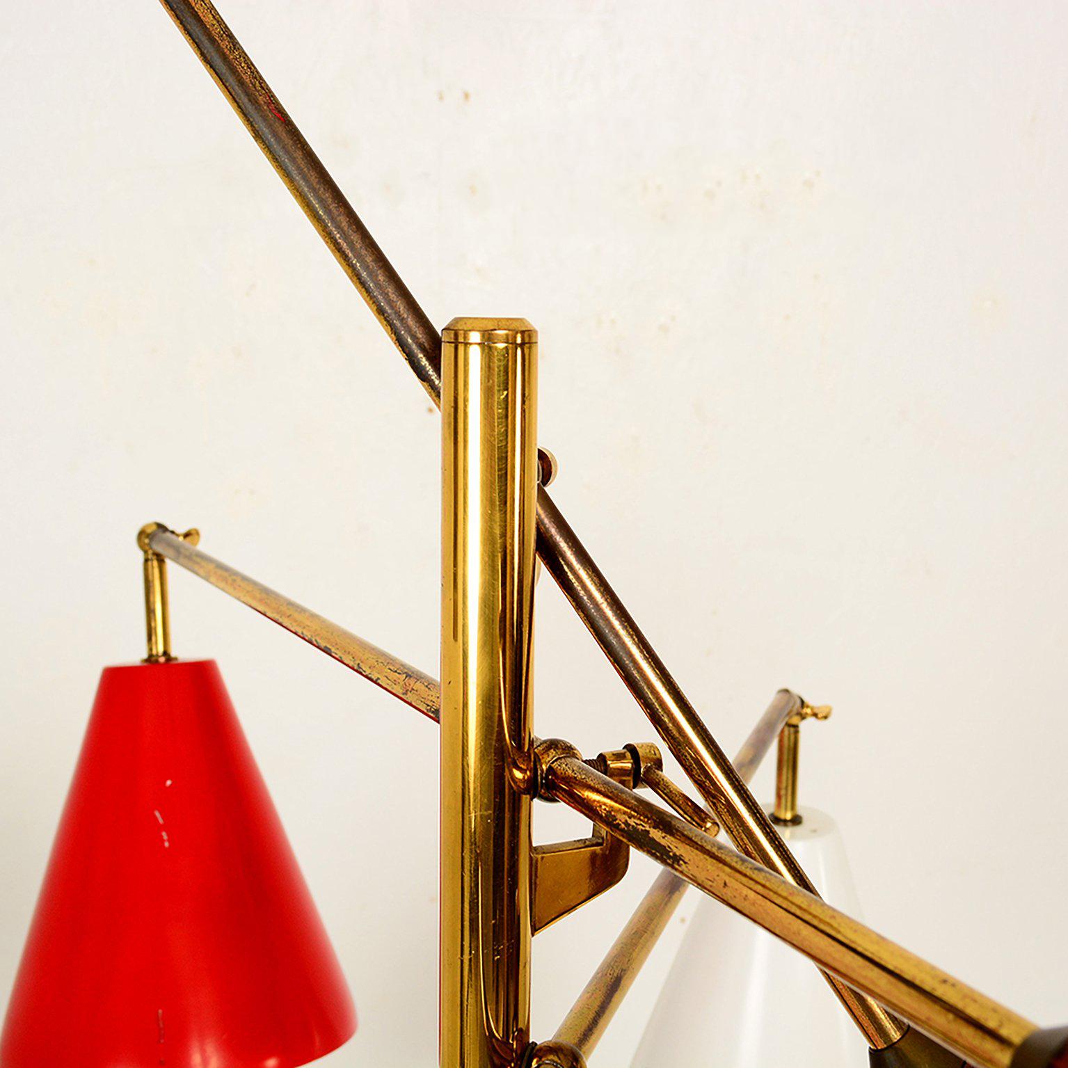 Early Triennale Tripod Floor Brass Lamp Brown Leather Italy 1950s Gino Sarfatti In Good Condition In Chula Vista, CA