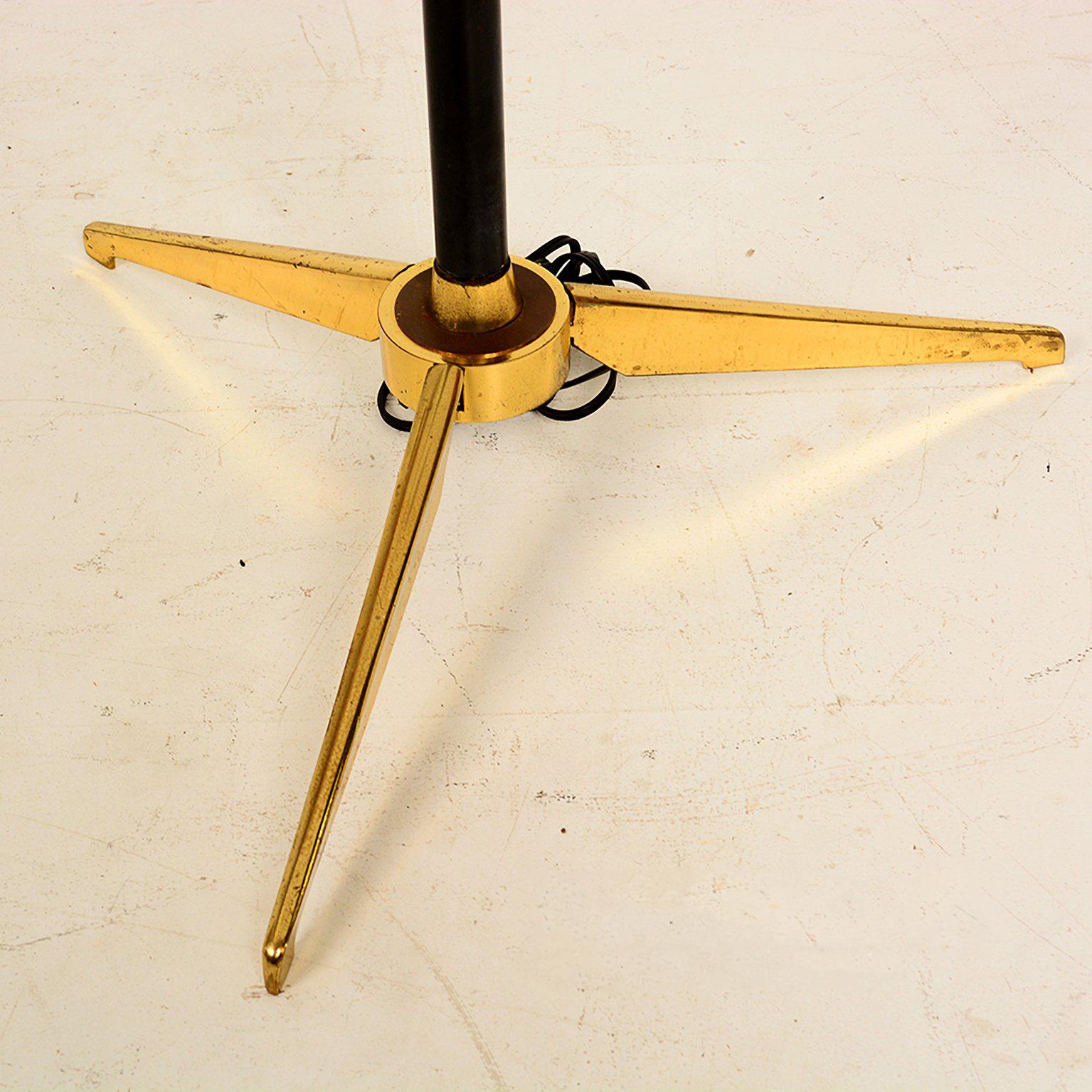 Early Triennale Tripod Floor Brass Lamp Brown Leather Italy 1950s Gino Sarfatti 1