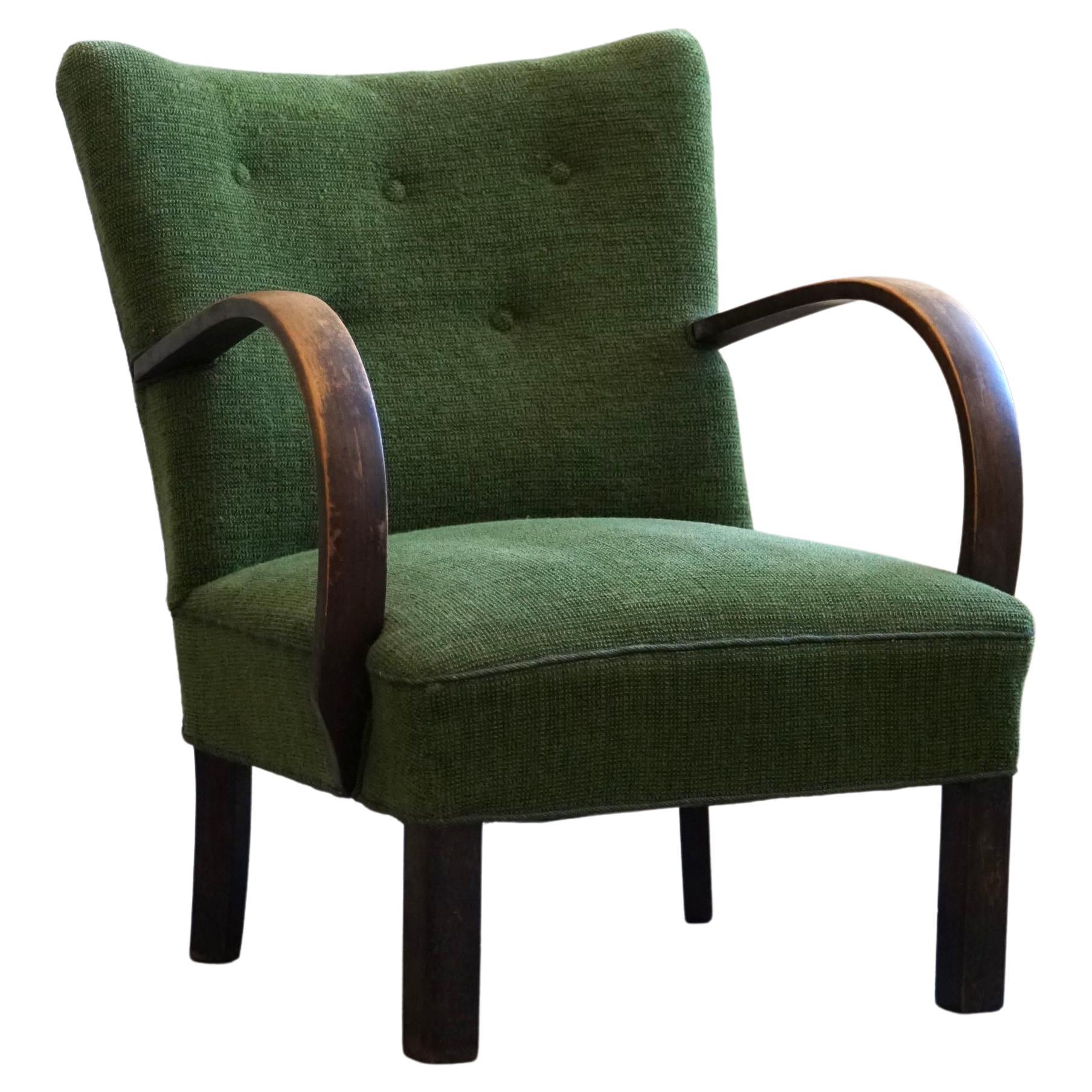 Mid Century Modern Easy Chair in Beech & Green Fabric, Danish Cabinetmaker, 1940