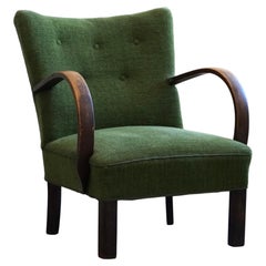 Retro Mid Century Modern Easy Chair in Beech & Green Fabric, Danish Cabinetmaker, 1940