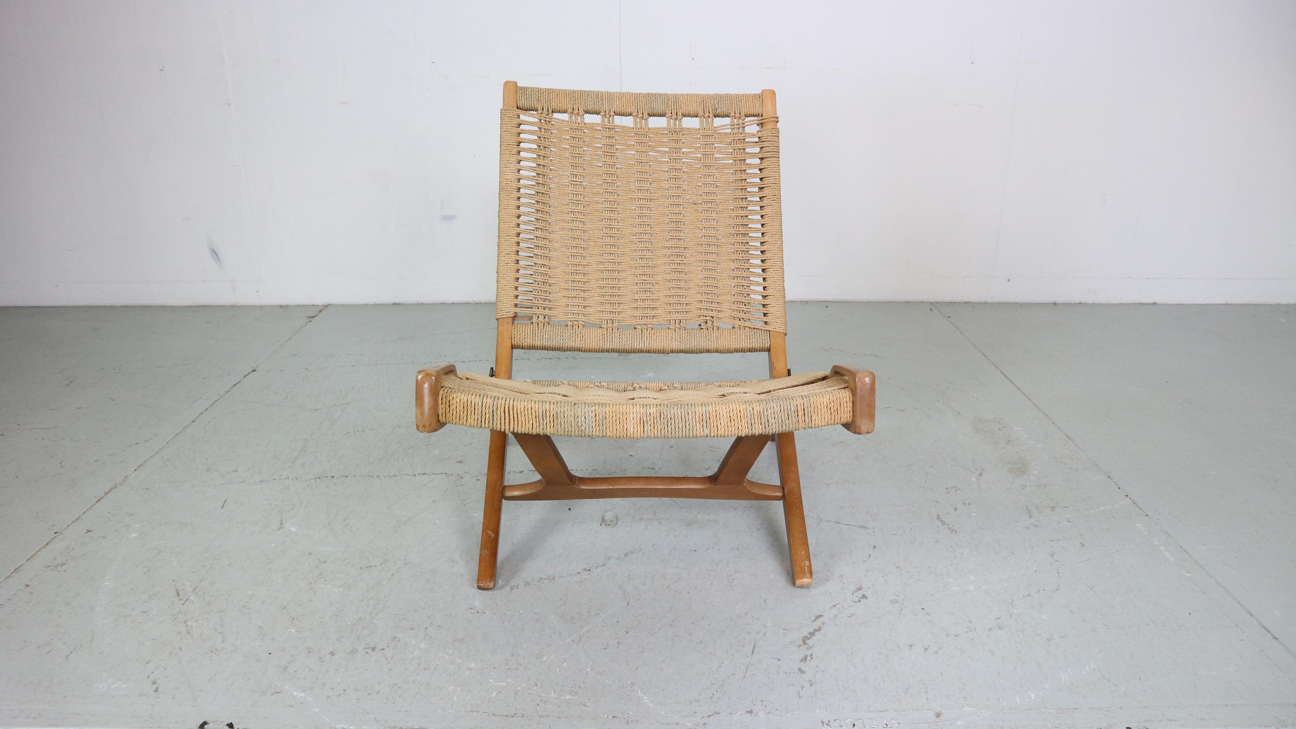 British Mid- Century Modern Ebert Wels Beech& Rope Folding Lounge Chair, 1960's