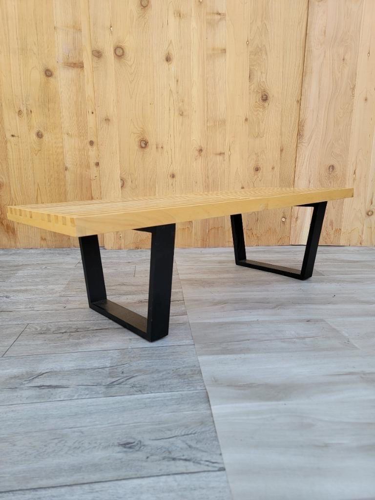 Mid-Century Modern Ebonized Base Slatted Blonde Wood Bench 5
