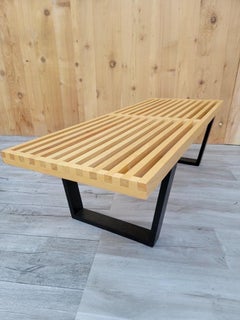 Mid-Century Modern Ebonized Base Slatted Blonde Wood Bench