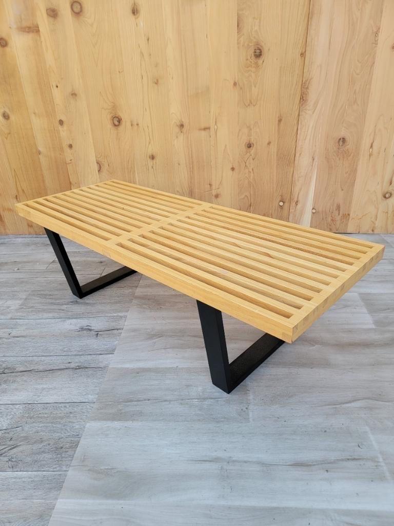 Maple Mid-Century Modern Ebonized Base Slatted Blonde Wood Bench