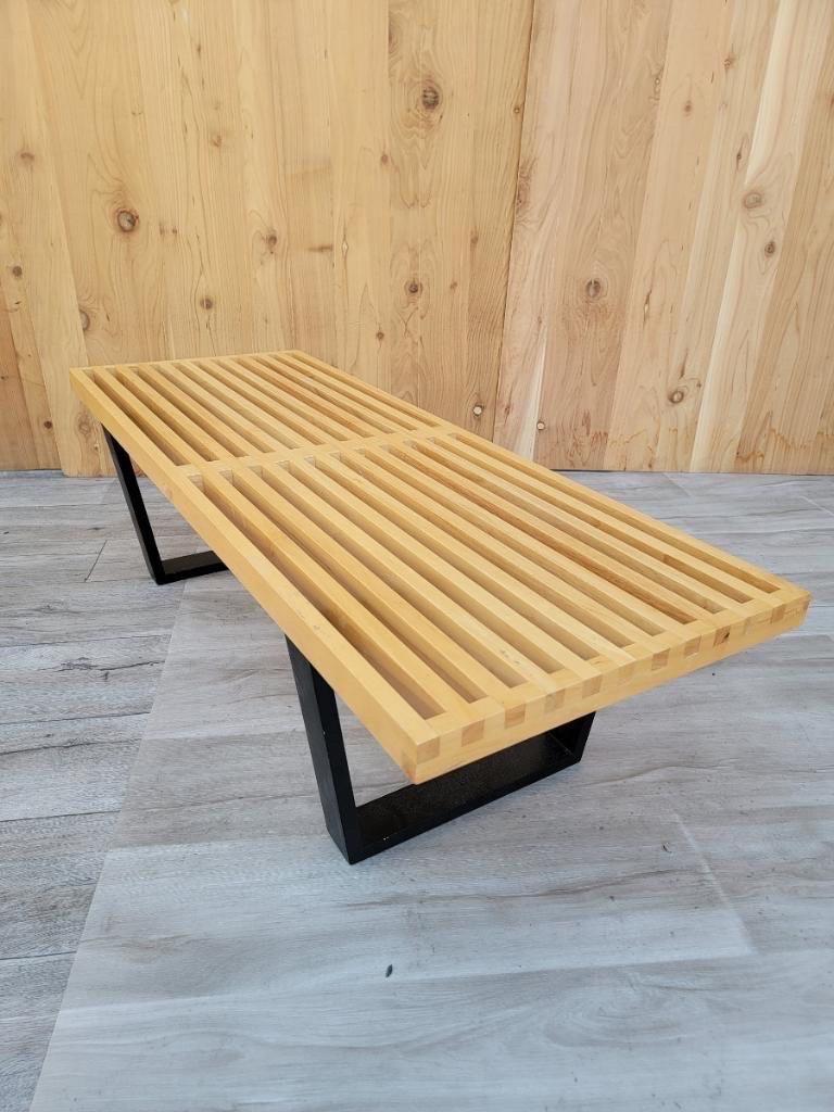Mid-Century Modern Ebonized Base Slatted Blonde Wood Bench 1