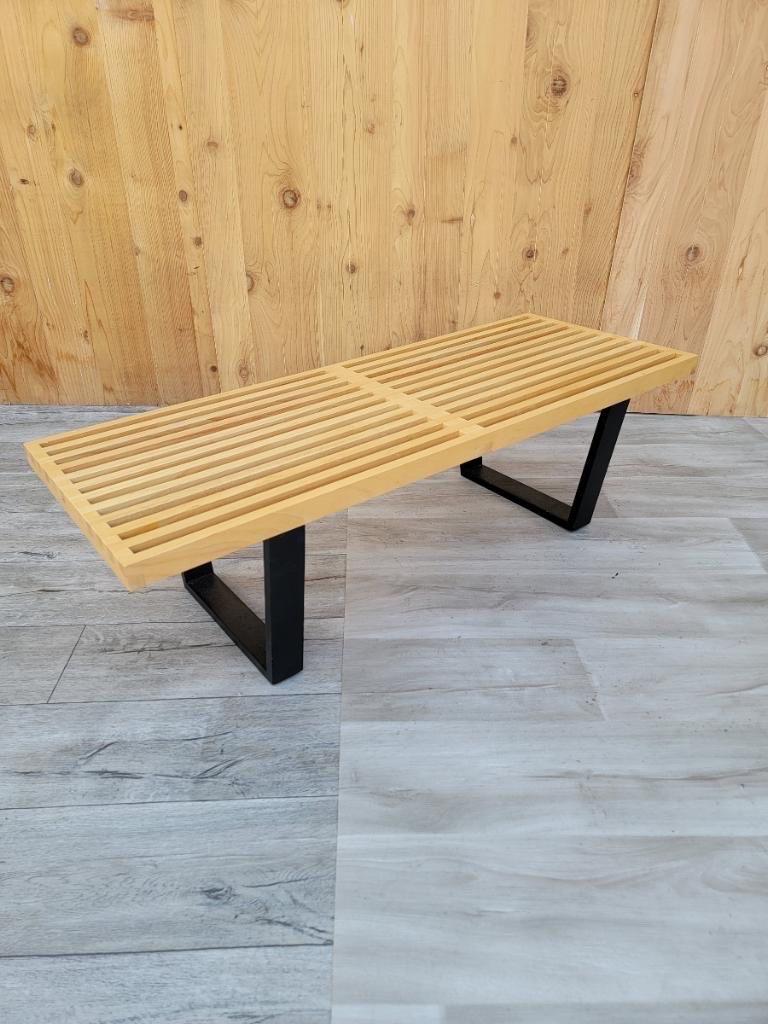 Mid-Century Modern Ebonized Base Slatted Blonde Wood Bench 3