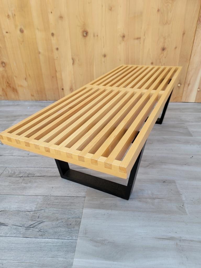 Mid-Century Modern Ebonized Base Slatted Blonde Wood Bench 4