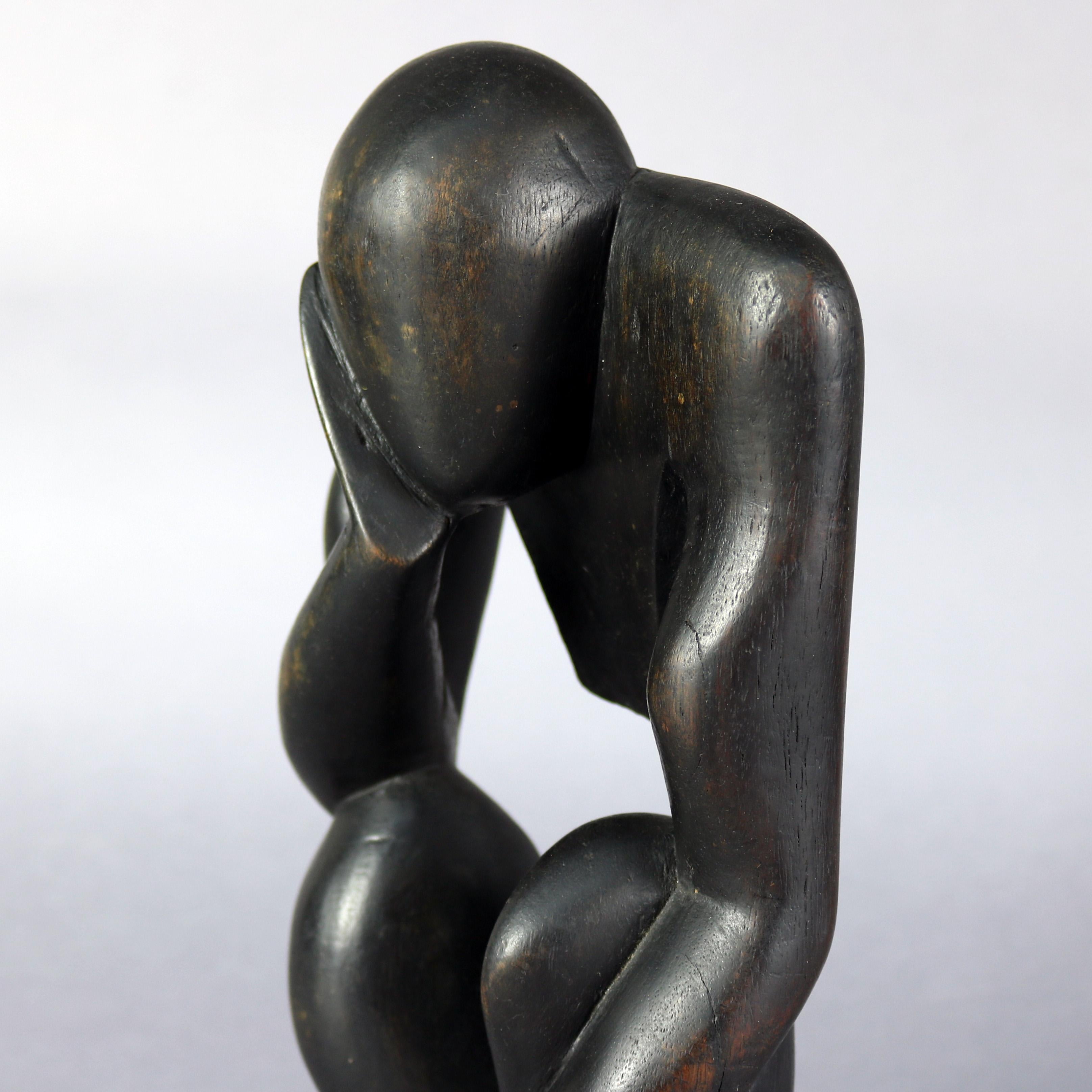 American Mid-Century Modern Ebonized Carved Wood Abstract Sculpture, the Thinker