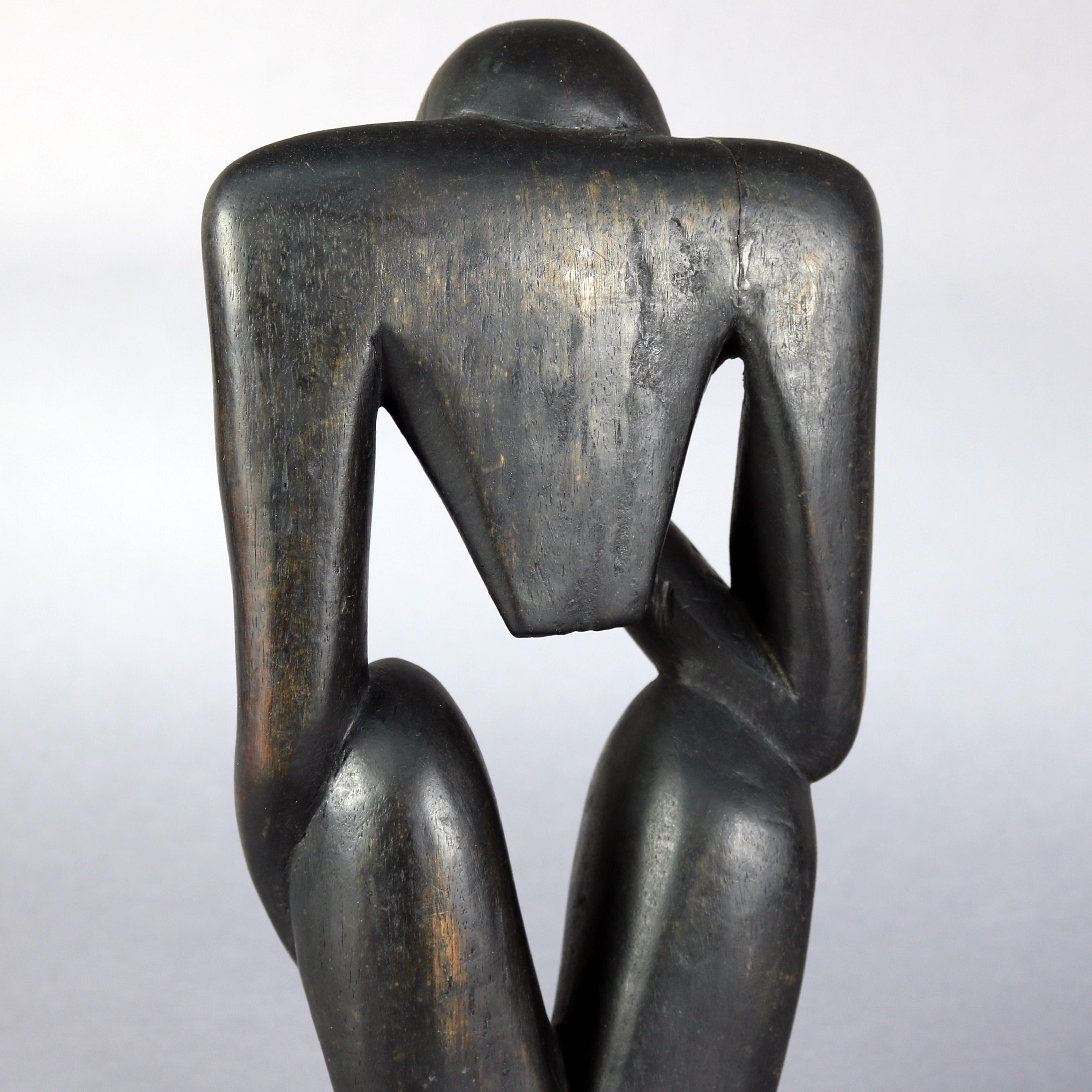 Mid-Century Modern Ebonized Carved Wood Abstract Sculpture, the Thinker In Good Condition In Big Flats, NY