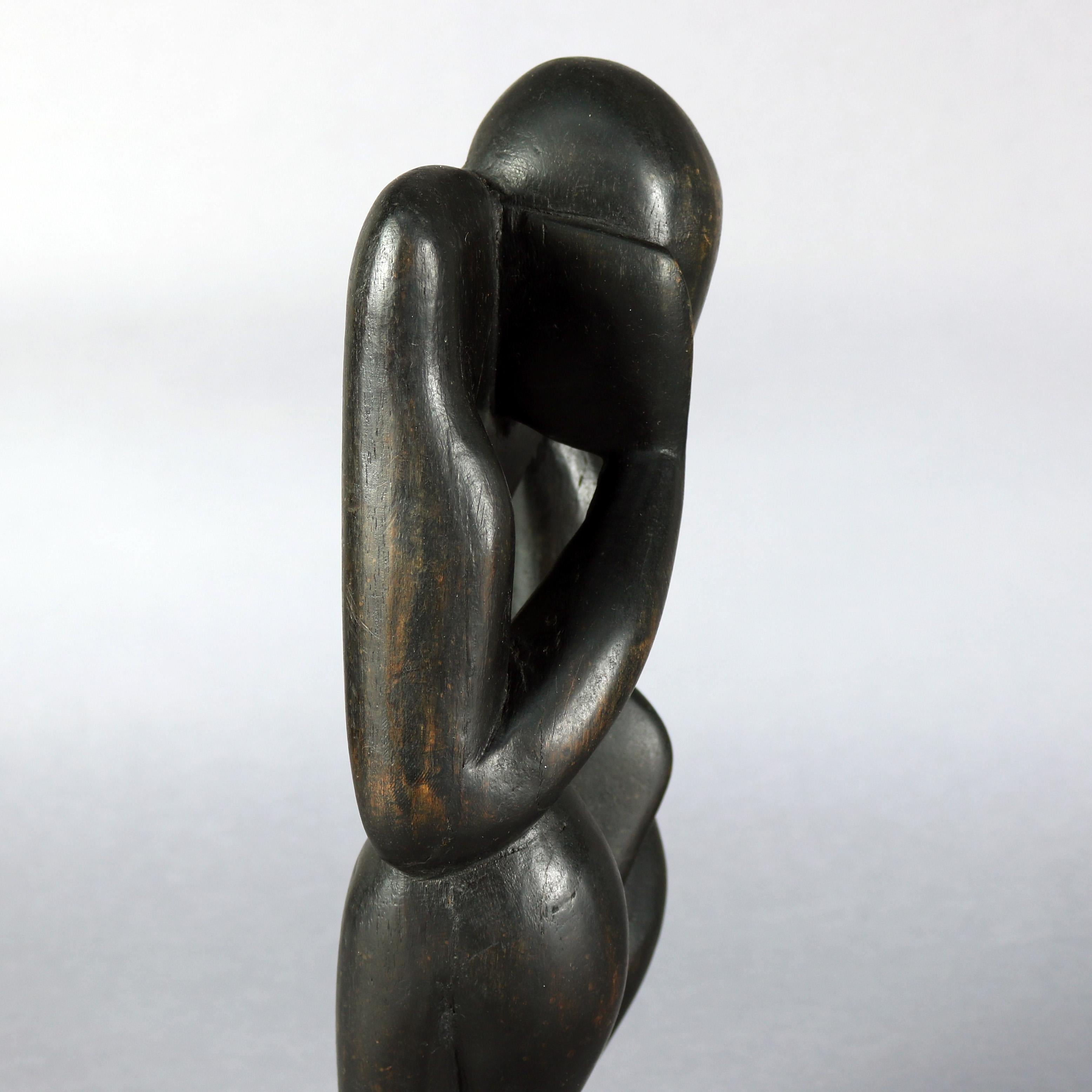 20th Century Mid-Century Modern Ebonized Carved Wood Abstract Sculpture, the Thinker