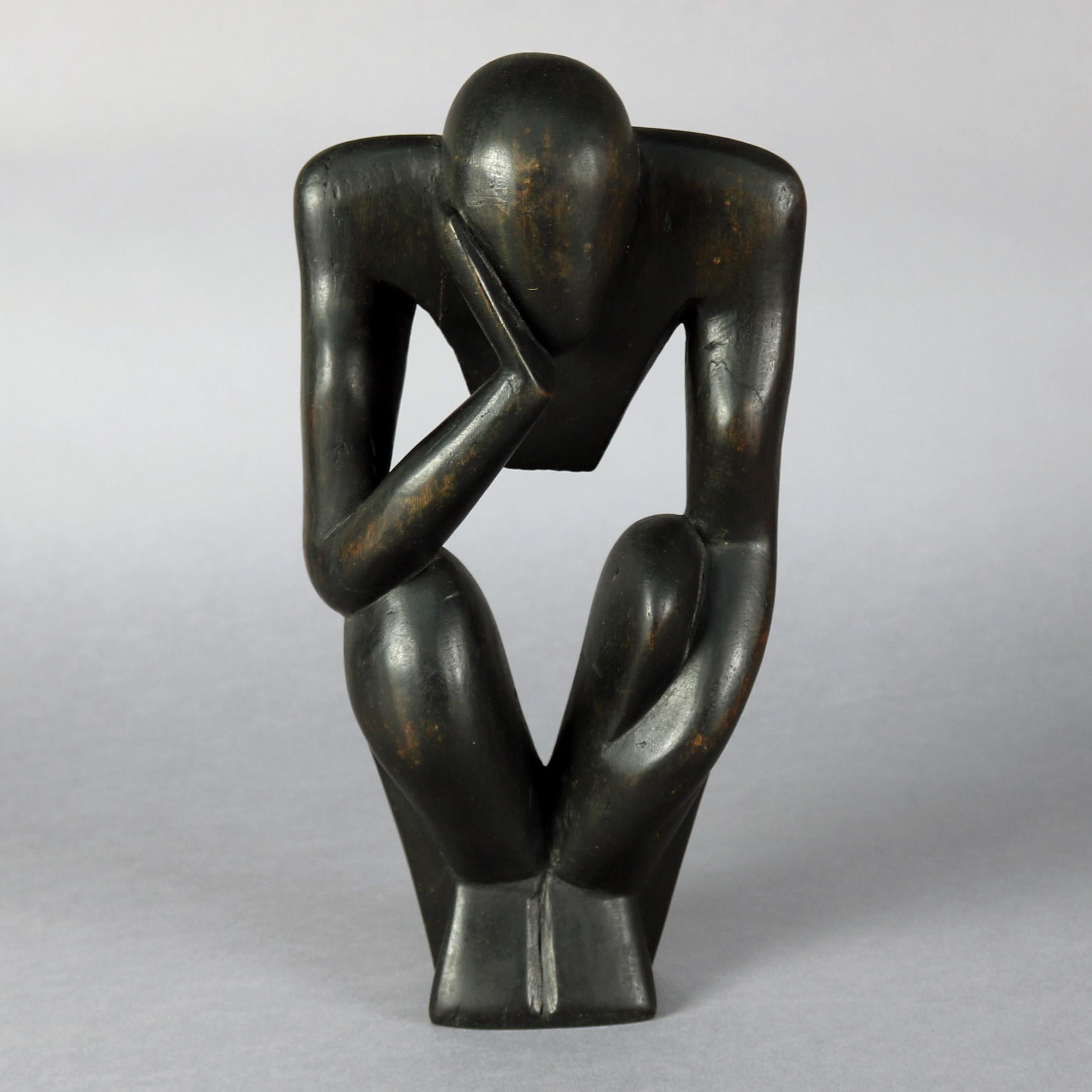 Mid-Century Modern Ebonized Carved Wood Abstract Sculpture, the Thinker 1