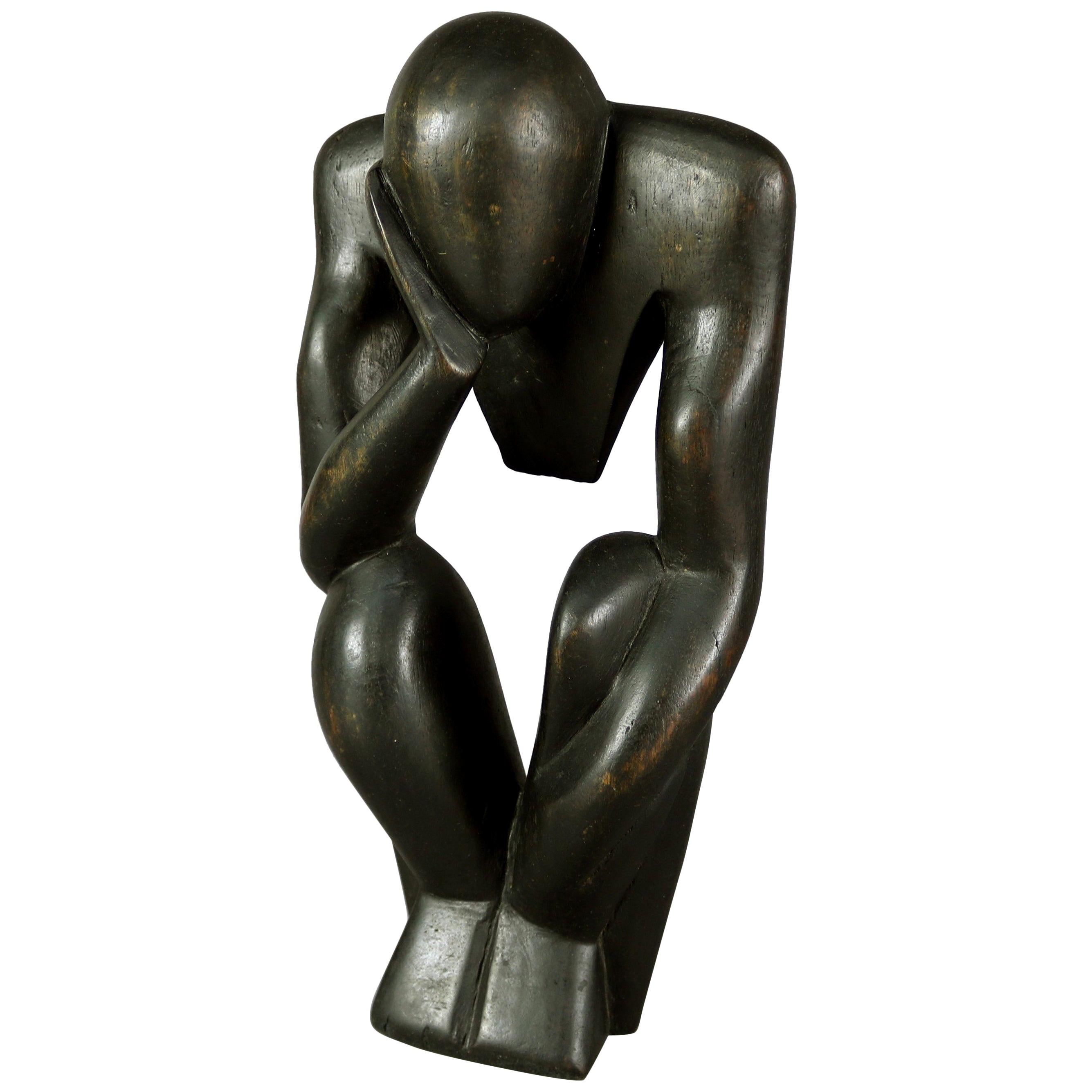Mid-Century Modern Ebonized Carved Wood Abstract Sculpture, the Thinker