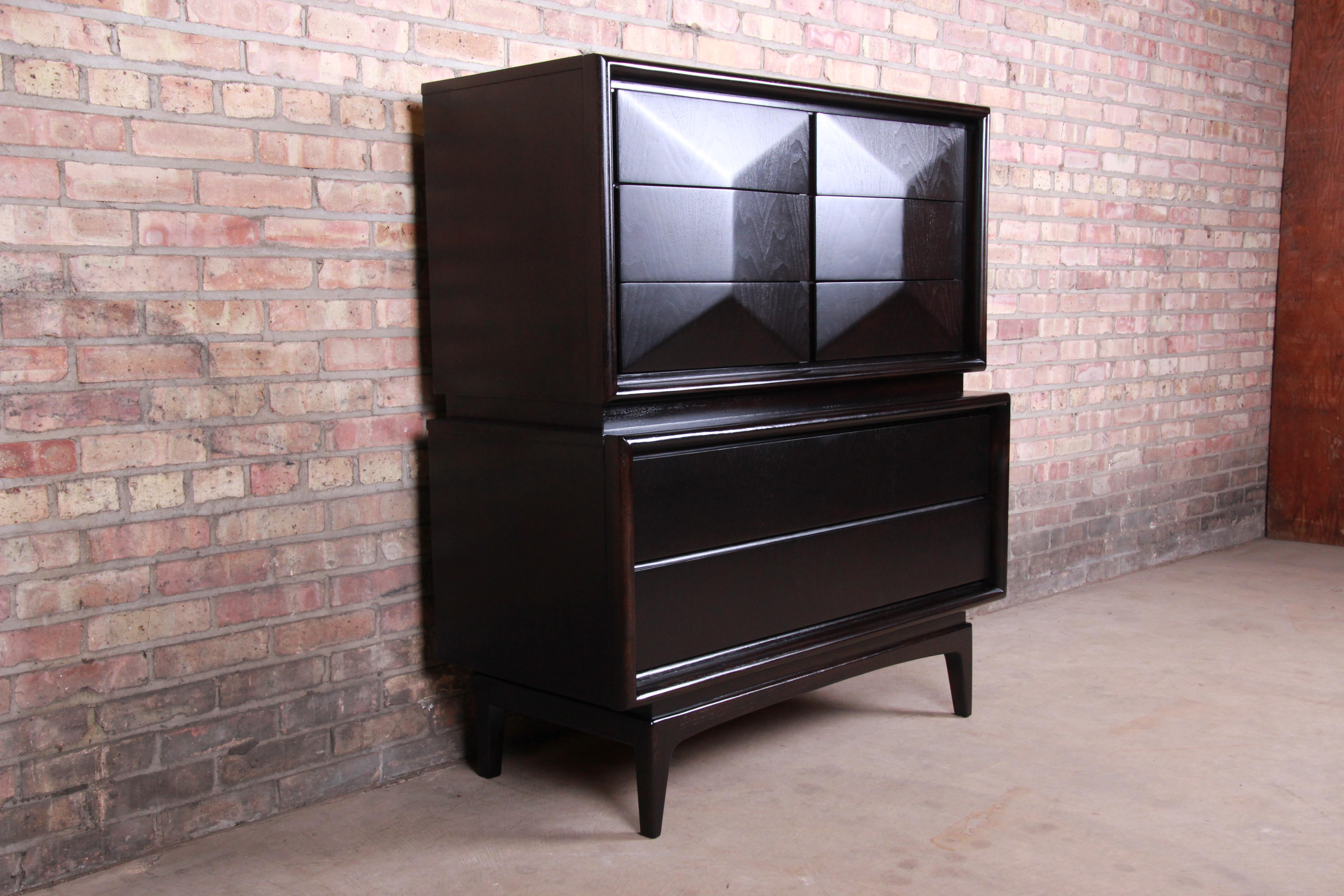 American Mid-Century Modern Ebonized Diamond Front Highboy Dresser by United, Refinished