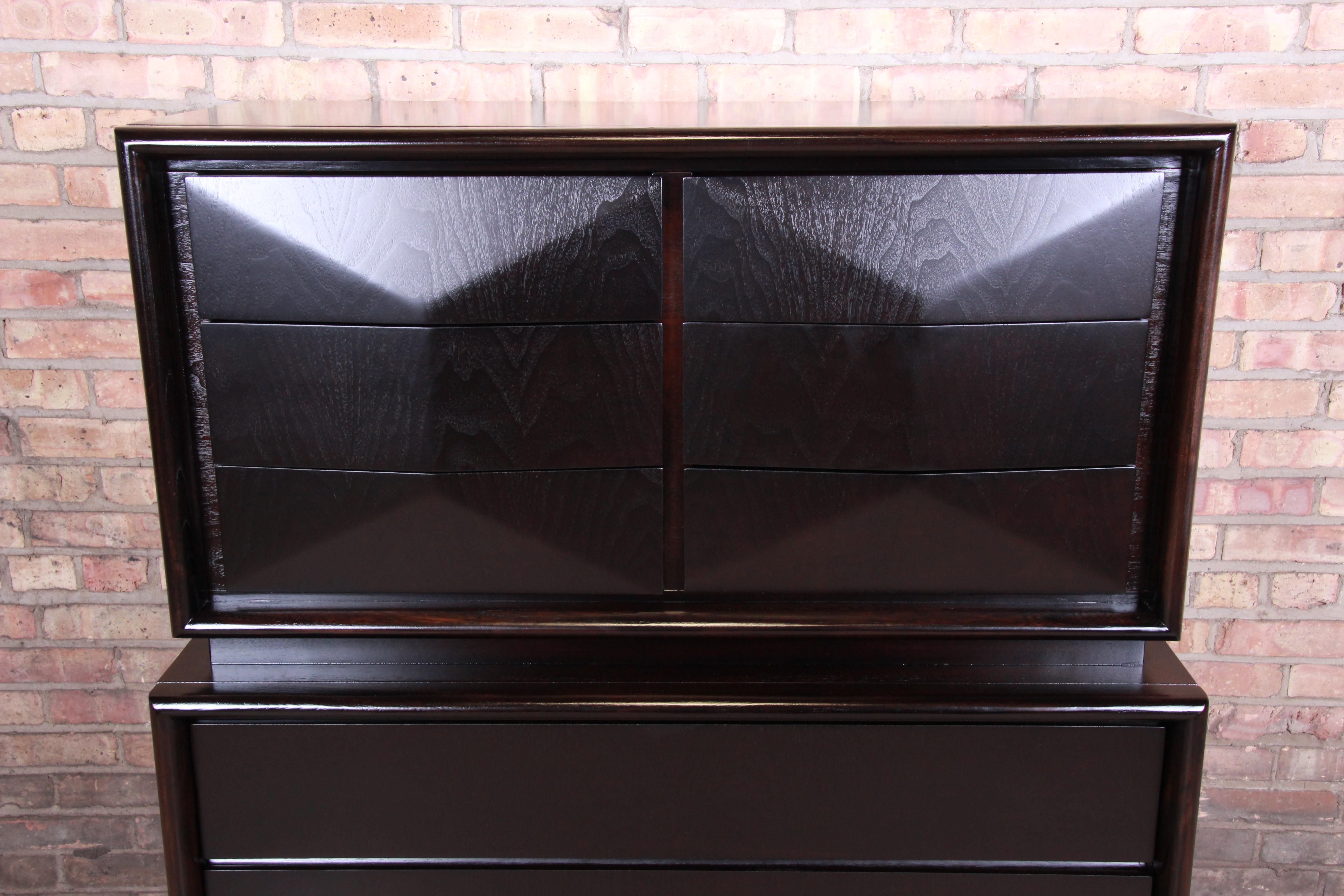 Mid-Century Modern Ebonized Diamond Front Highboy Dresser by United, Refinished In Good Condition In South Bend, IN