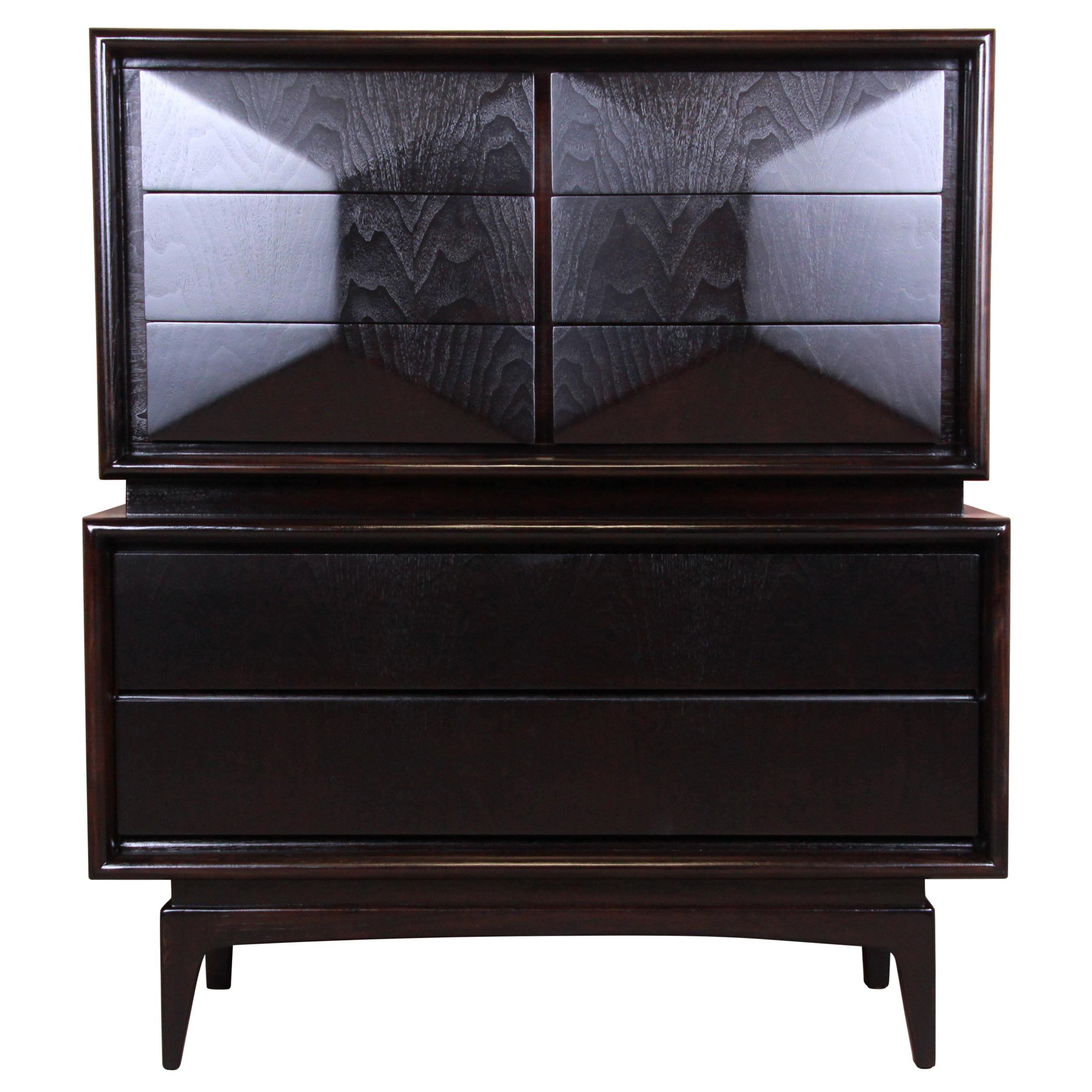 Mid-Century Modern Ebonized Diamond Front Highboy Dresser by United, Refinished