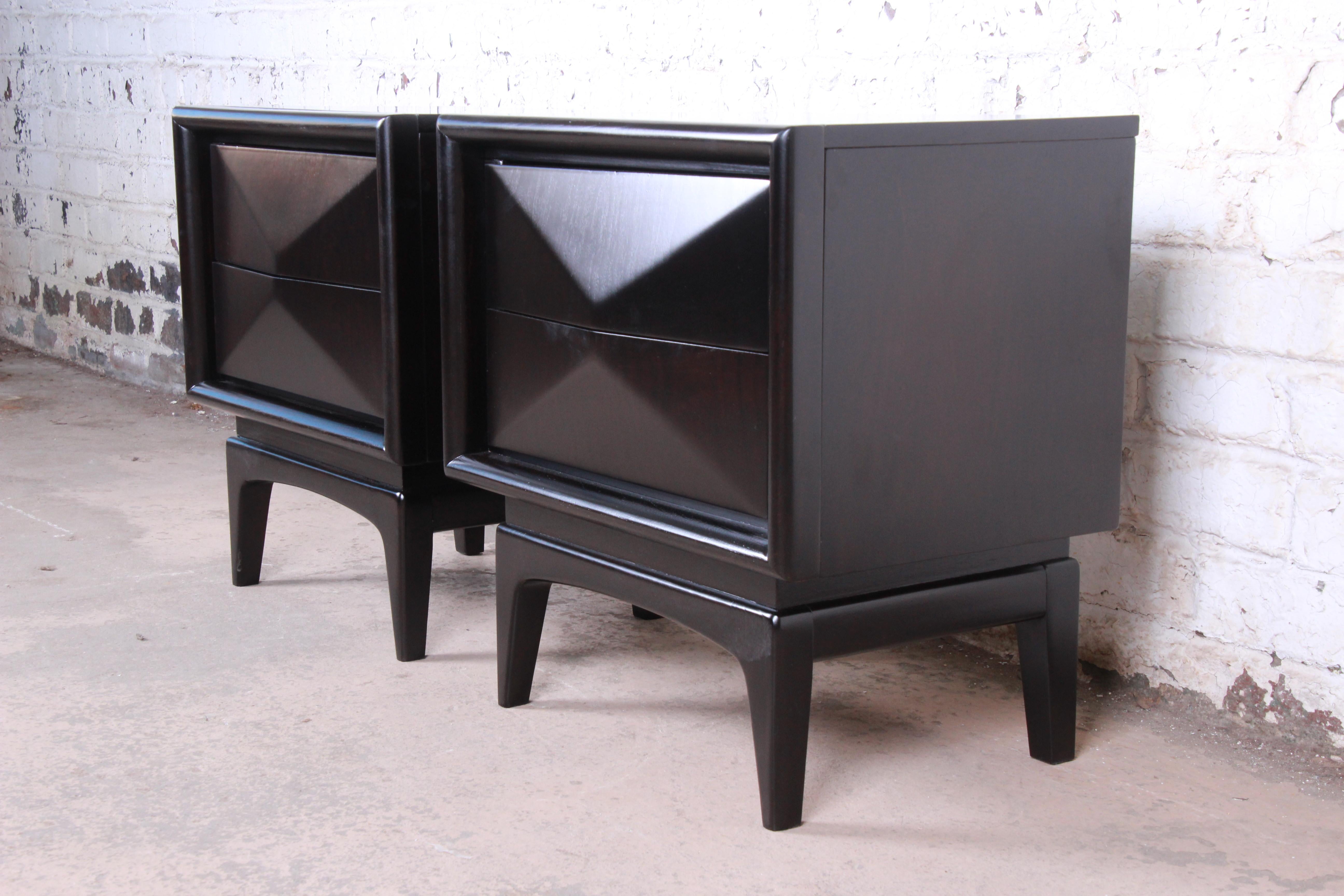 American Mid-Century Modern Ebonized Diamond Front Nightstands by United, Refinished