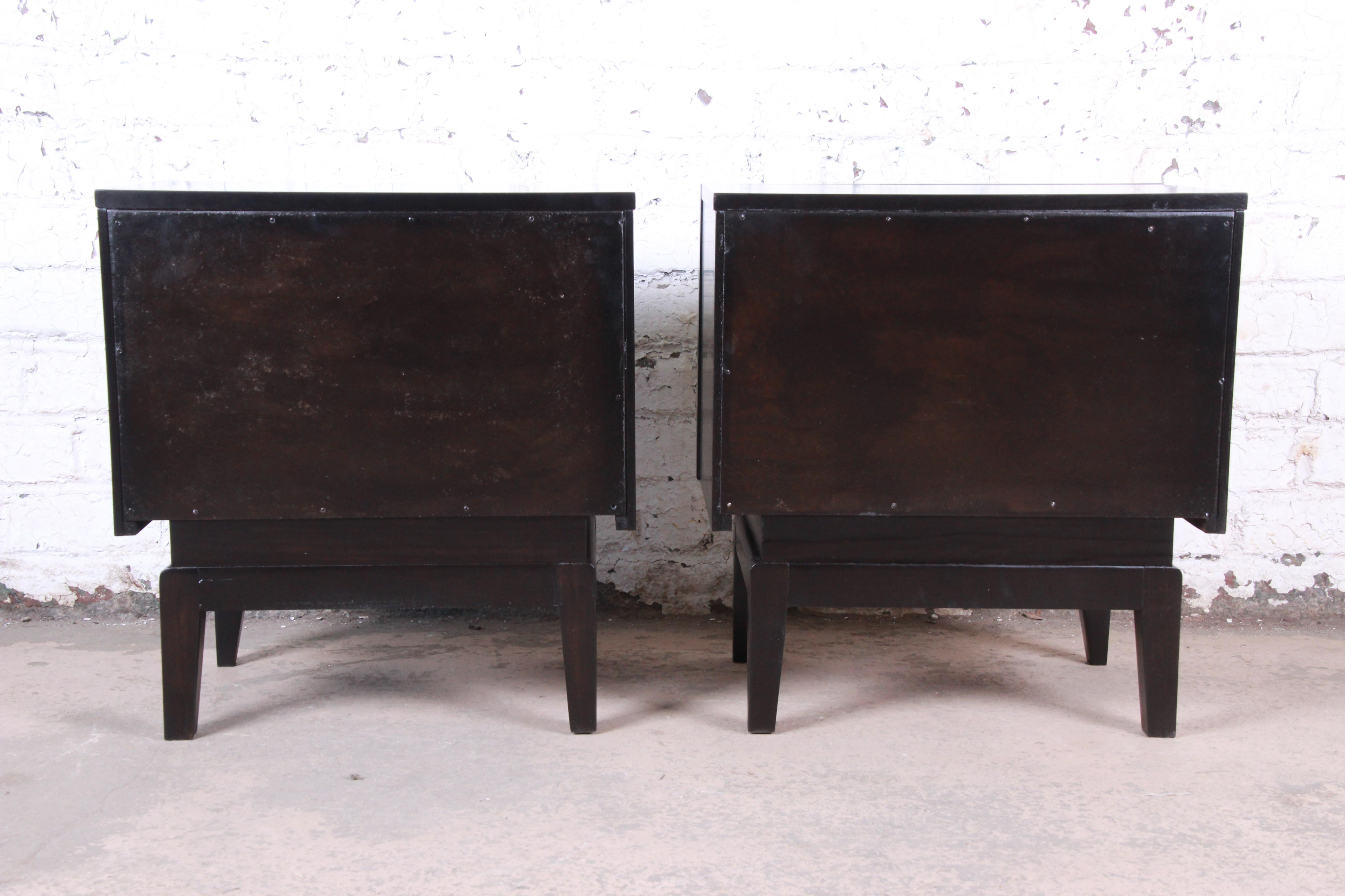 Mid-Century Modern Ebonized Diamond Front Nightstands by United, Refinished 2