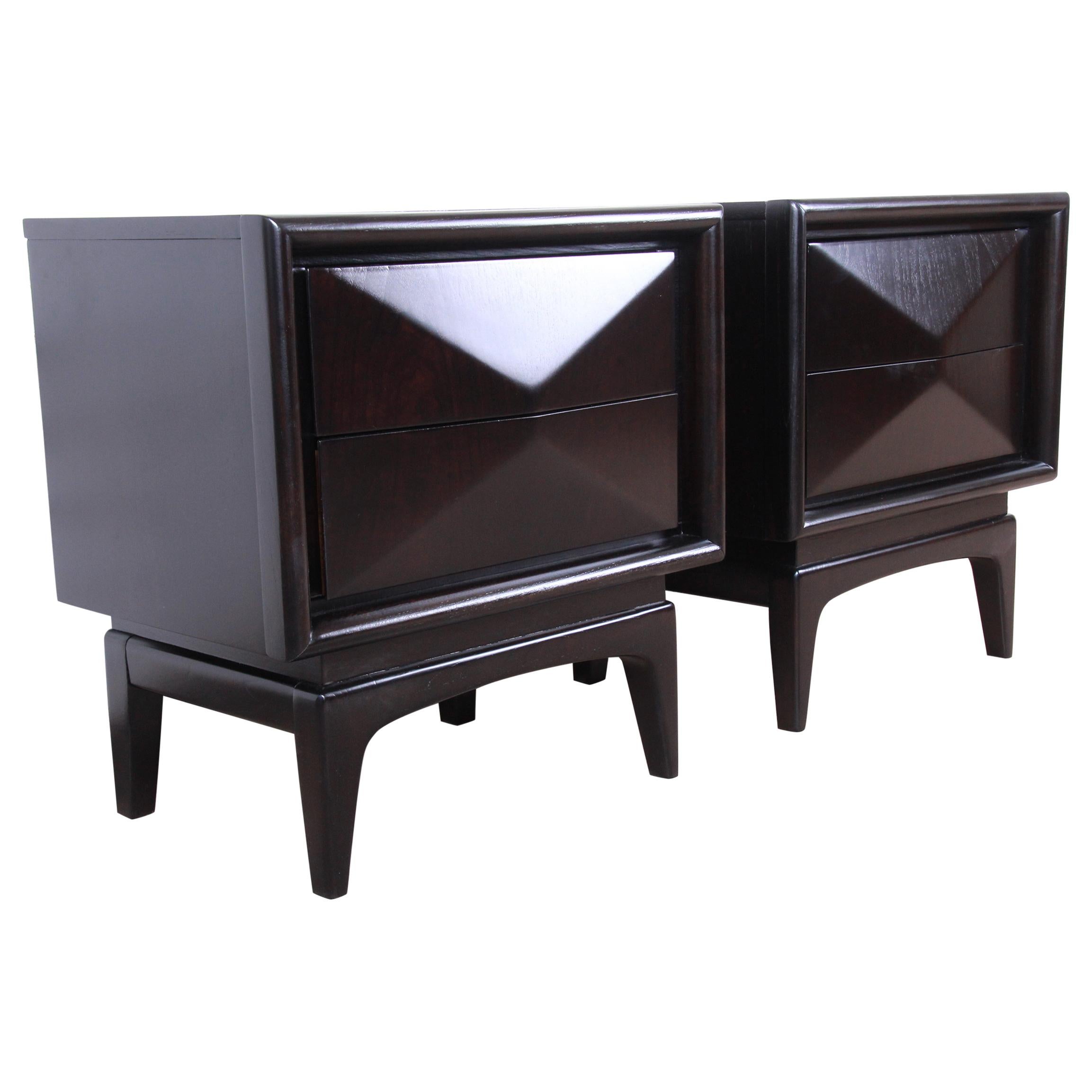 Mid-Century Modern Ebonized Diamond Front Nightstands by United, Refinished