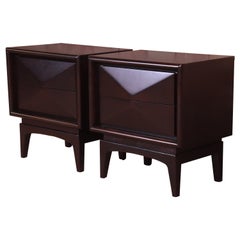 Mid-Century Modern Ebonized Diamond Front Nightstands by United, Refinished