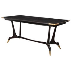 Mid-Century Modern Ebonized Dining Table w/ Brass Details, Manner of Ico Parisi