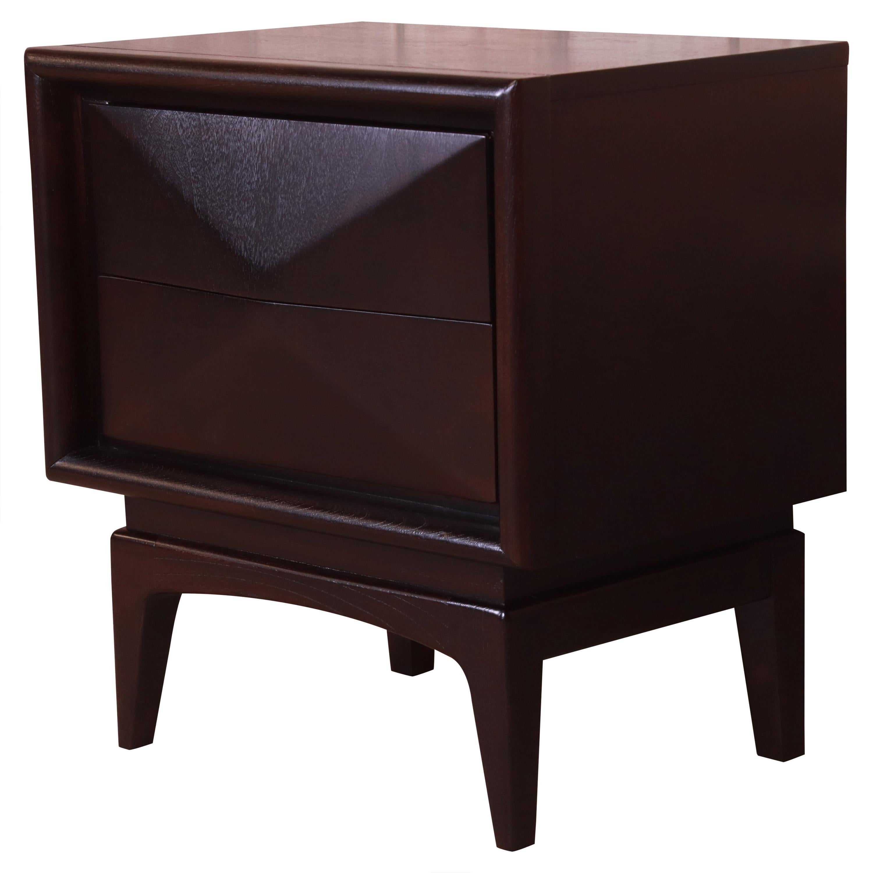 Mid-Century Modern Ebonized Sculpted Walnut Diamond Front Nightstand by United