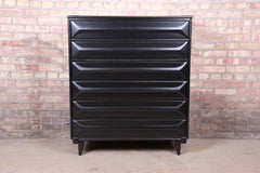 Mid-Century Modern Ebonized Sculpted Walnut Highboy Dresser, Newly Refinished