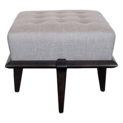 Mid-Century Modern Ebonized Walnut and Dove Gray Button Tufted Ottoman