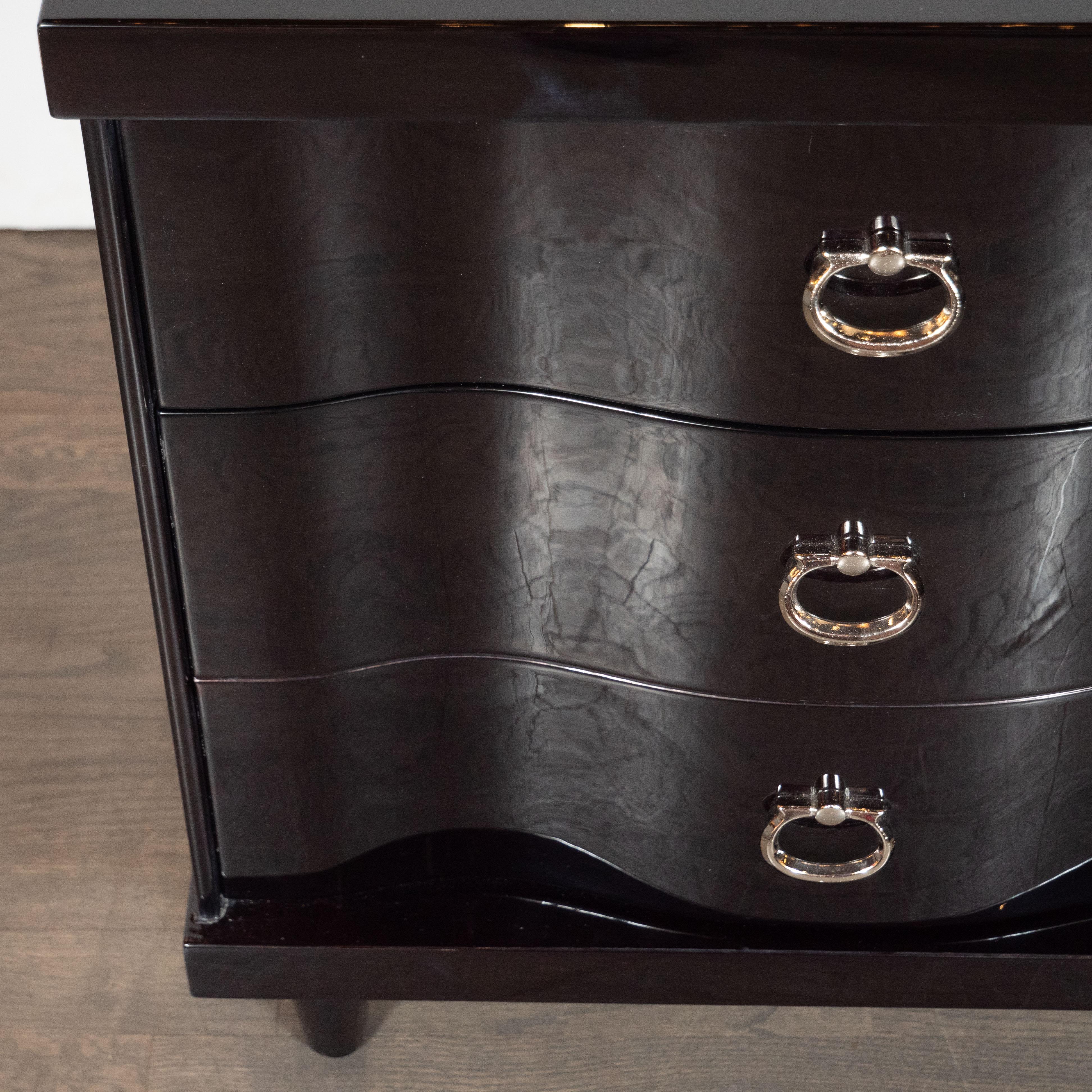 Mid-Century Modern Ebonized Walnut Bowfront Nightstands With Nickel Pulls In Excellent Condition In New York, NY