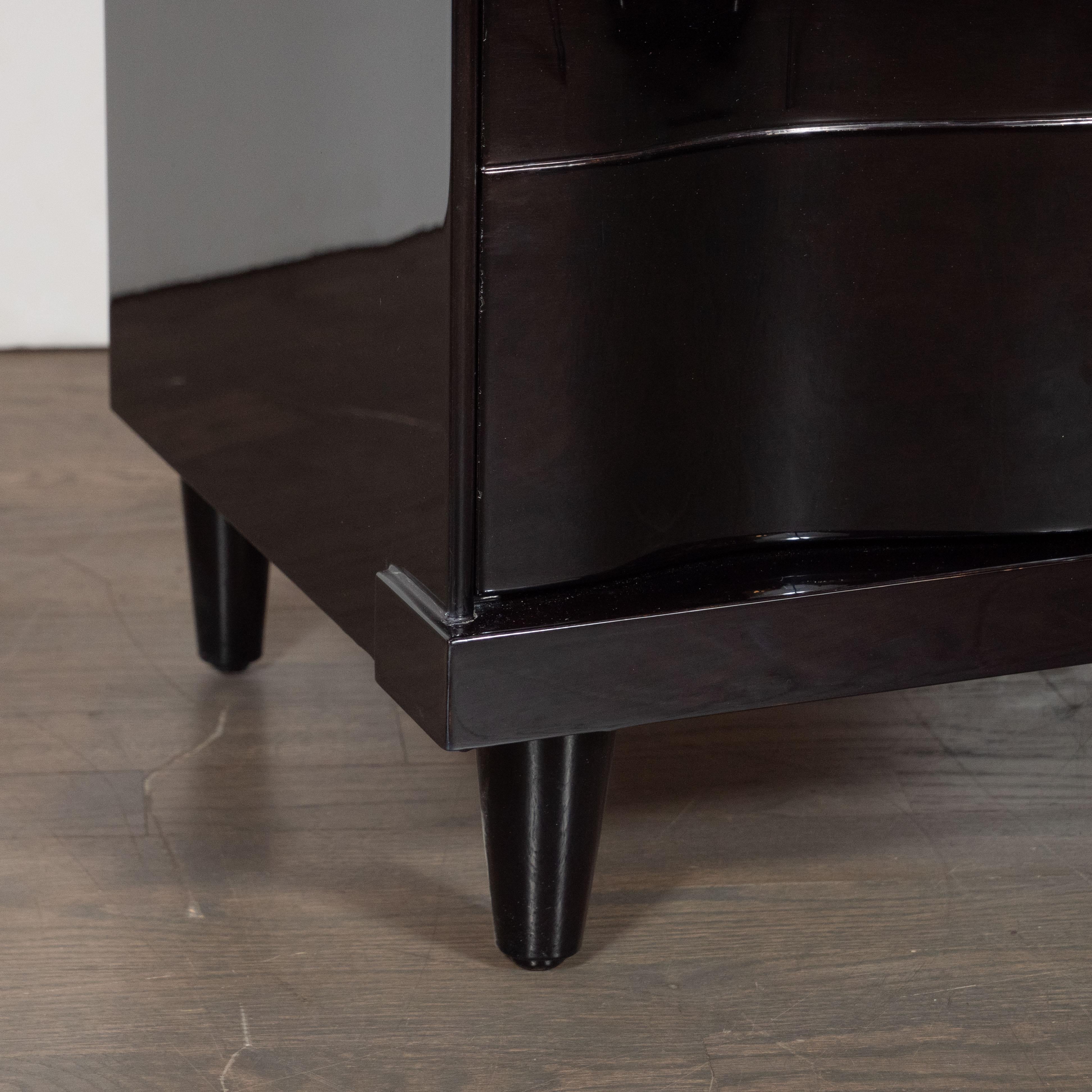 Mid-Century Modern Ebonized Walnut Bowfront Nightstands With Nickel Pulls 2