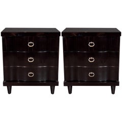 Mid-Century Modern Ebonized Walnut Bowfront Nightstands With Nickel Pulls