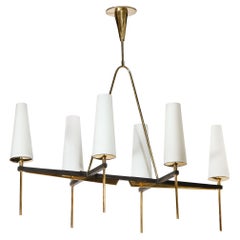 Mid-Century Modern Ebonized Walnut & Brass Six Arm Frosted Glass Chandelier