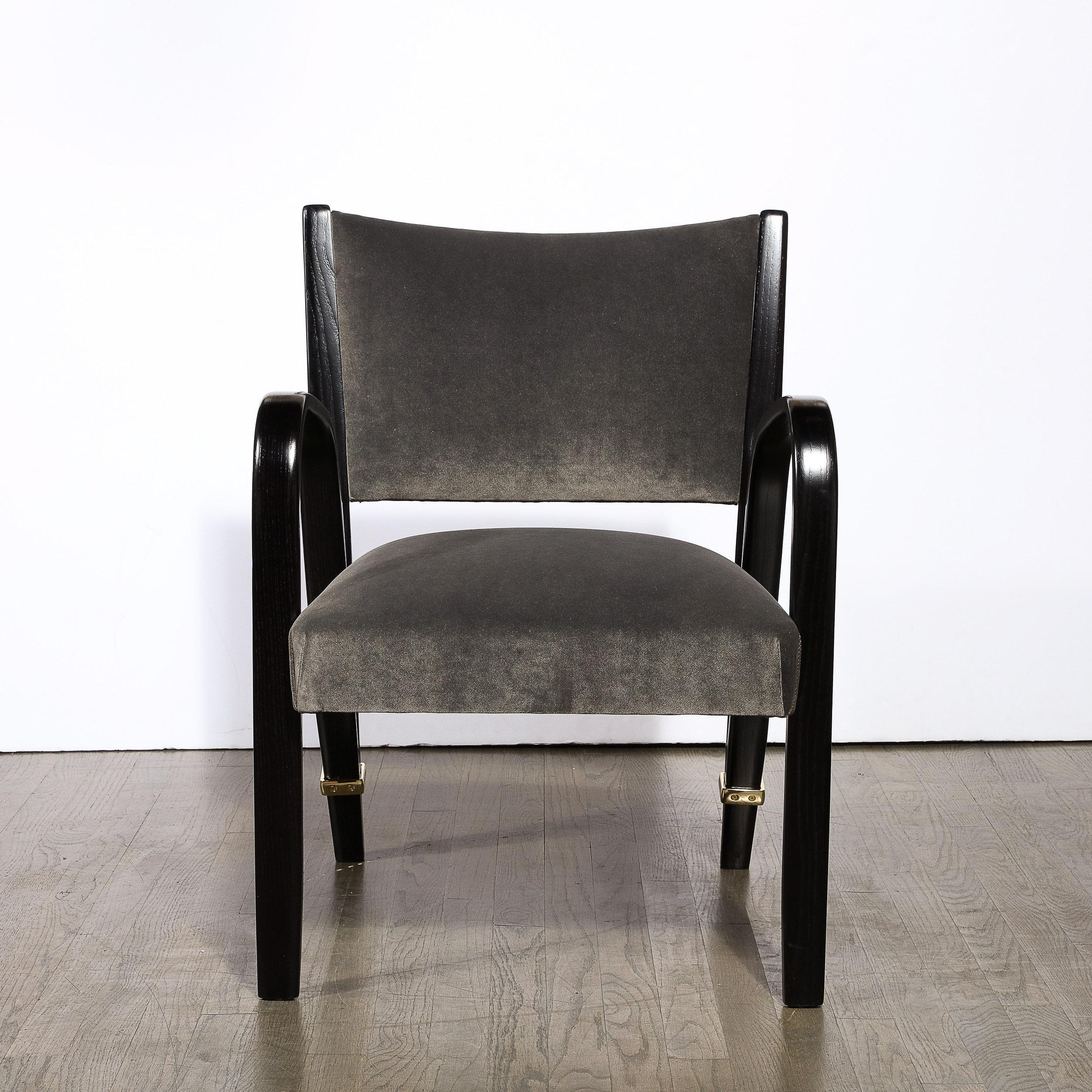 French Mid-Century Modern Ebonized Walnut & Brass Spring-Back Chairs by Hughes Steiner For Sale
