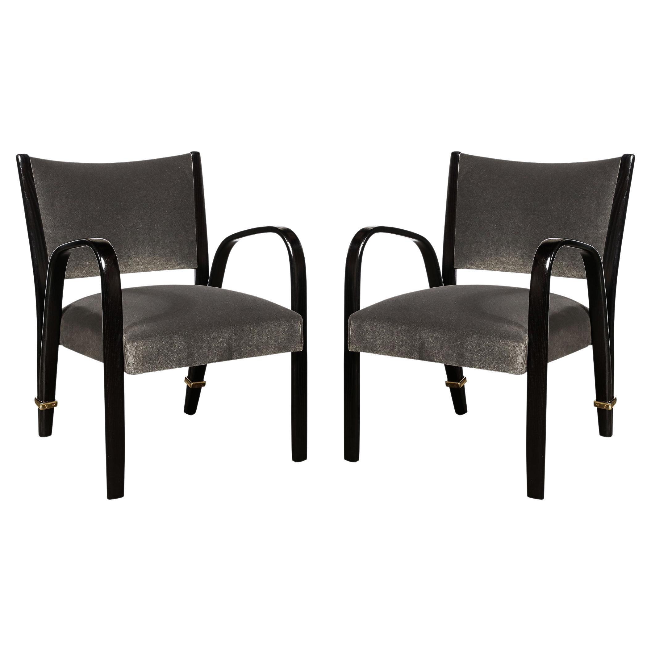 Mid-Century Modern Ebonized Walnut & Brass Spring-Back Chairs by Hughes Steiner For Sale