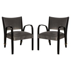 Vintage Mid-Century Modern Ebonized Walnut & Brass Spring-Back Chairs by Hughes Steiner