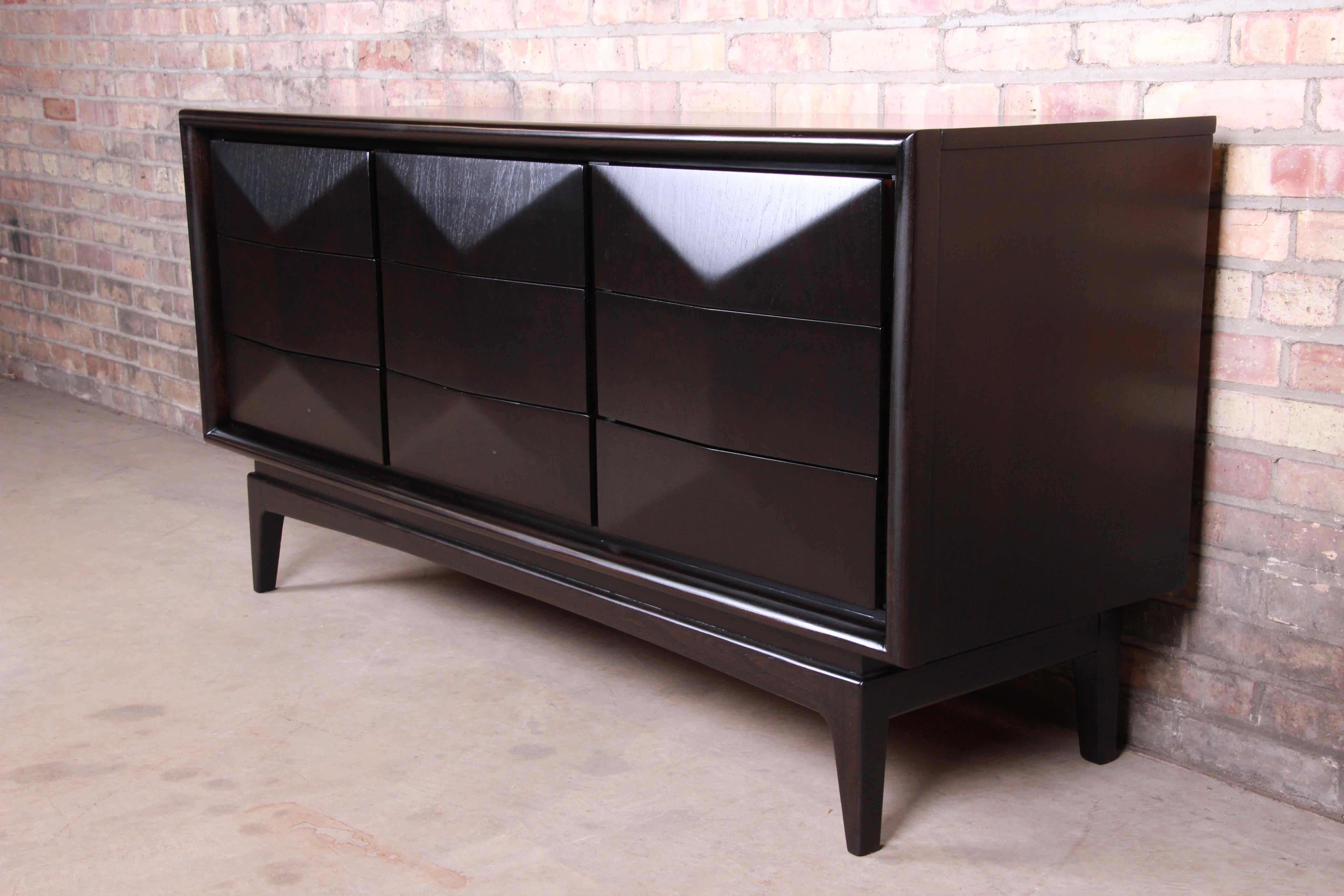 American Mid-Century Modern Ebonized Walnut Diamond Front Dresser or Credenza by United