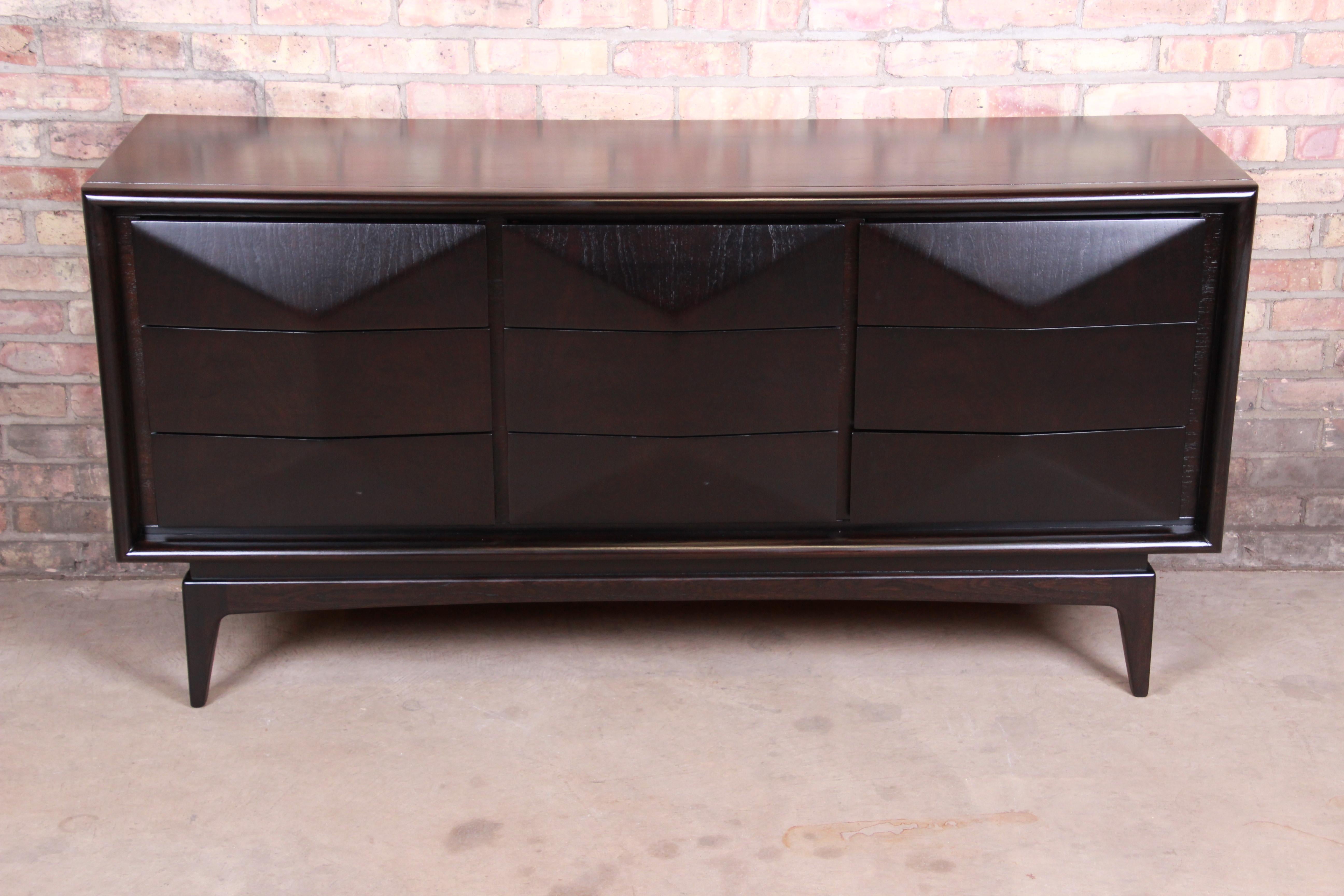 Mid-Century Modern Ebonized Walnut Diamond Front Dresser or Credenza by United In Good Condition In South Bend, IN