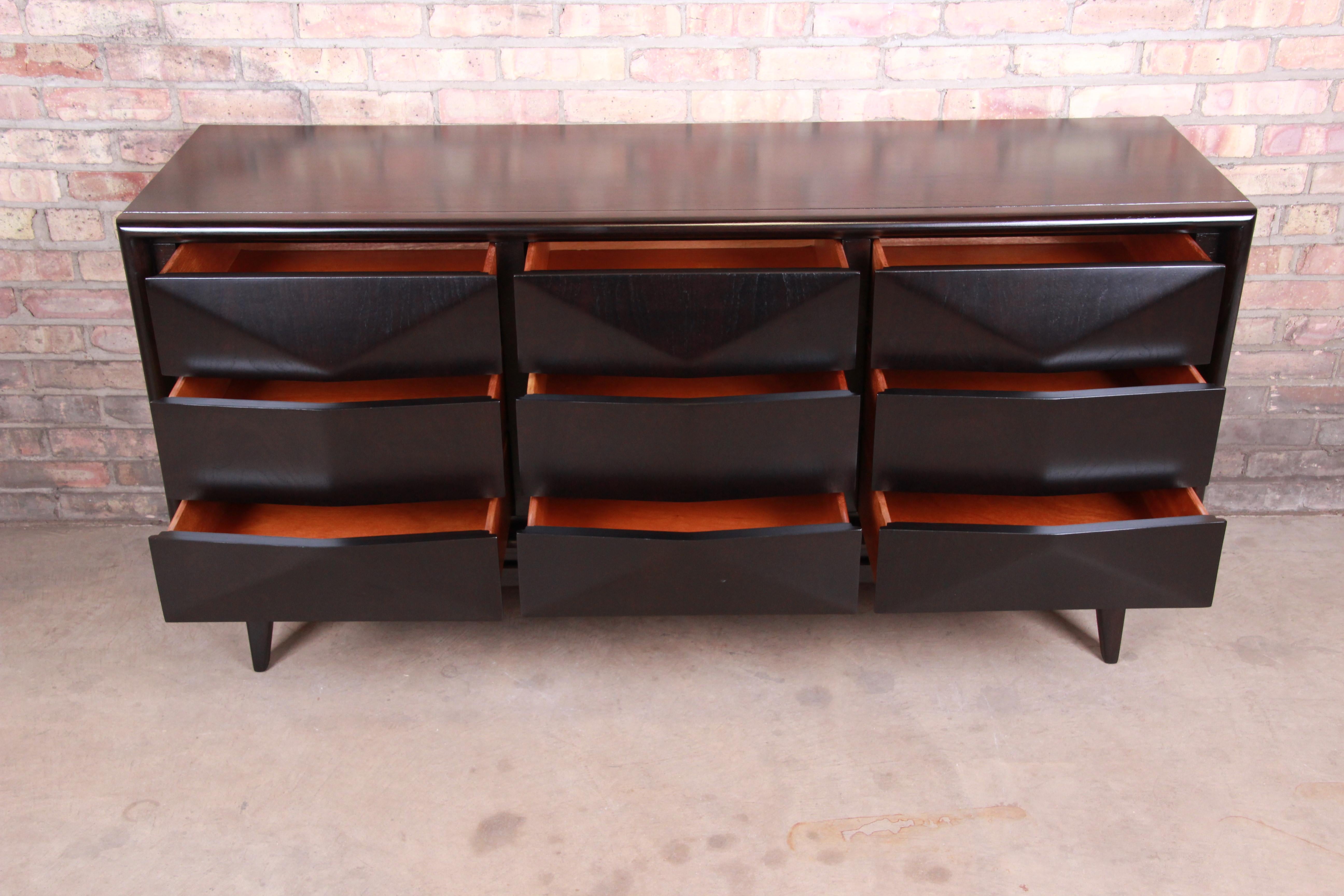 Mid-Century Modern Ebonized Walnut Diamond Front Dresser or Credenza by United 2