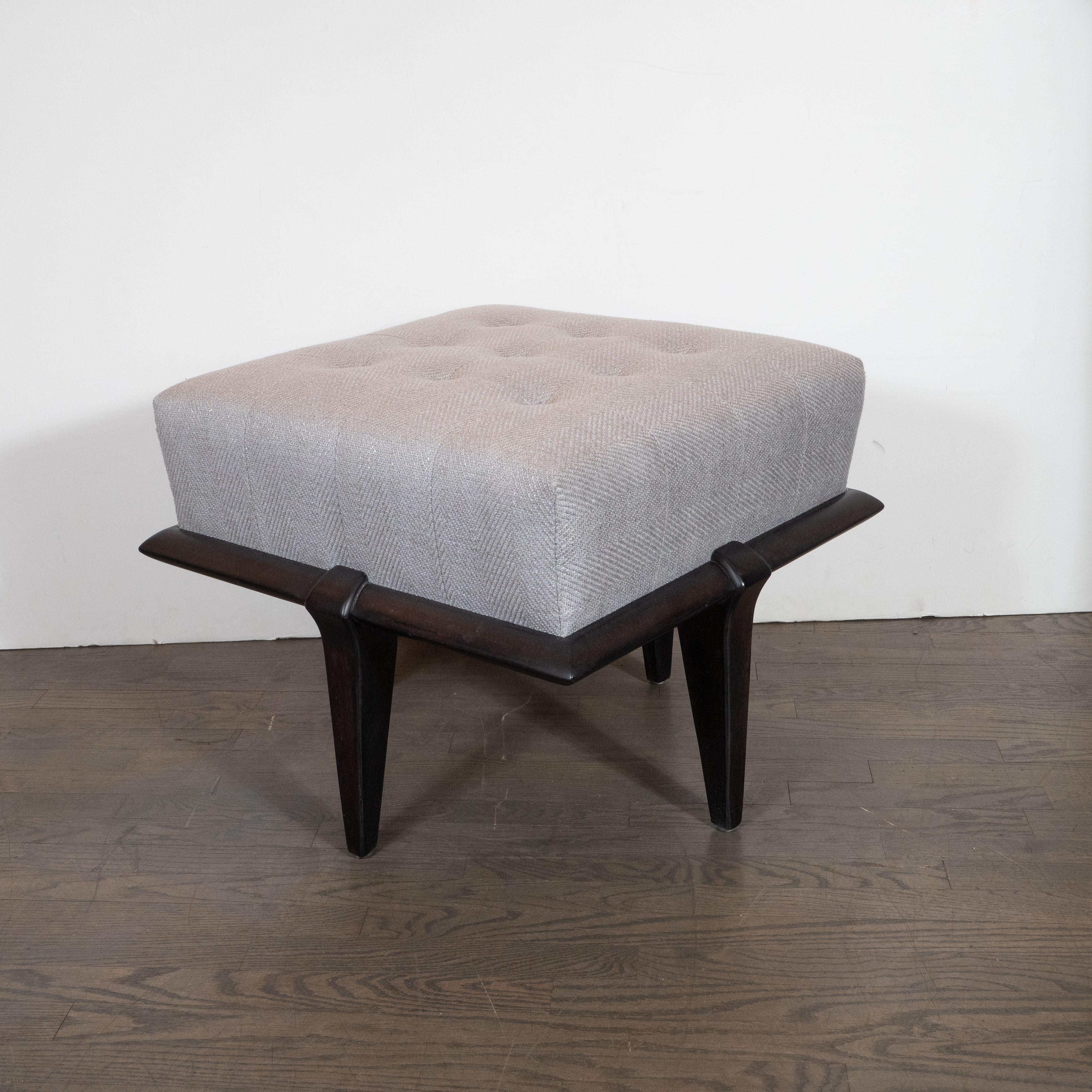 American Mid-Century Modern Ebonized Walnut and Dove Gray Button Tufted Ottoman For Sale