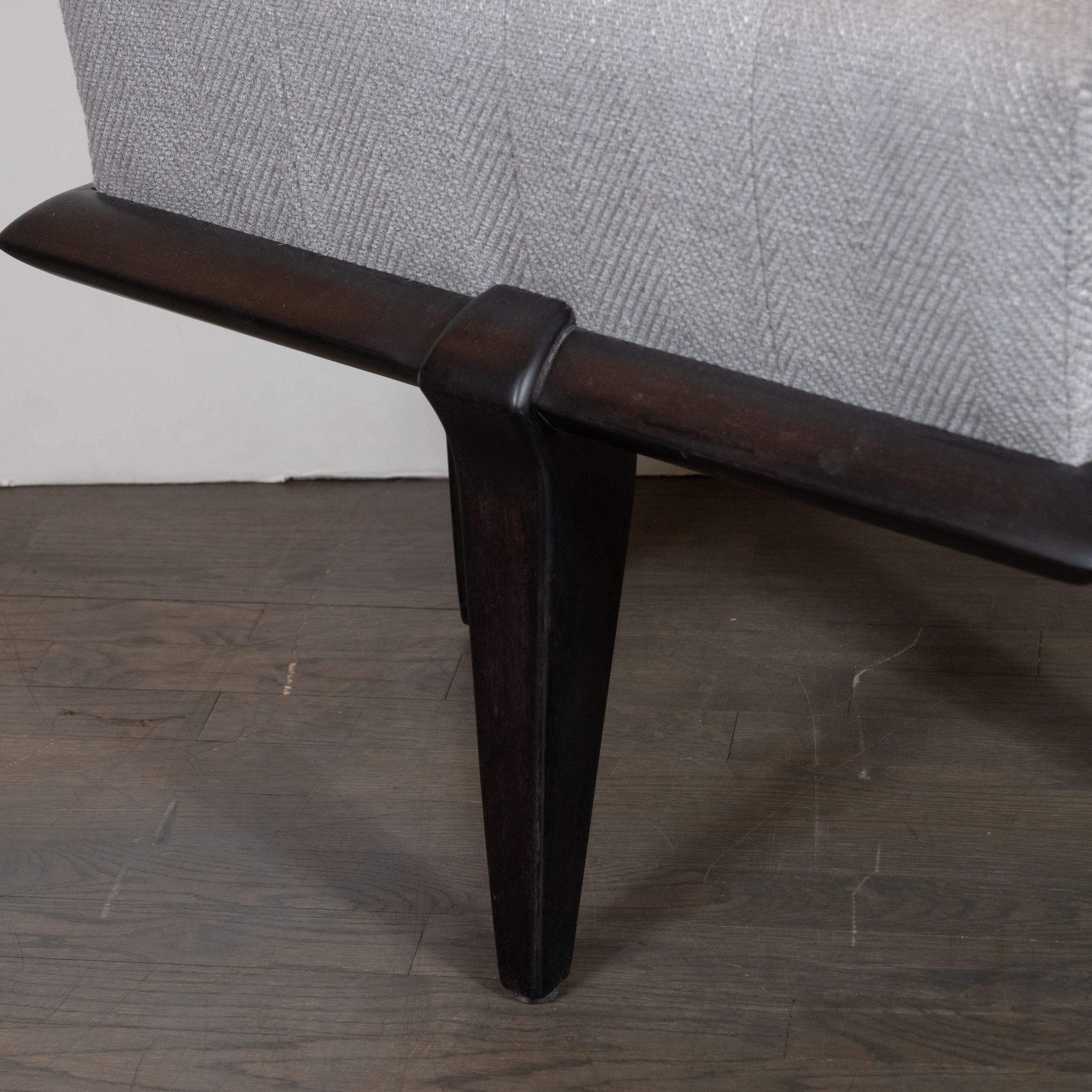 Mid-Century Modern Ebonized Walnut and Dove Gray Button Tufted Ottoman In Excellent Condition For Sale In New York, NY