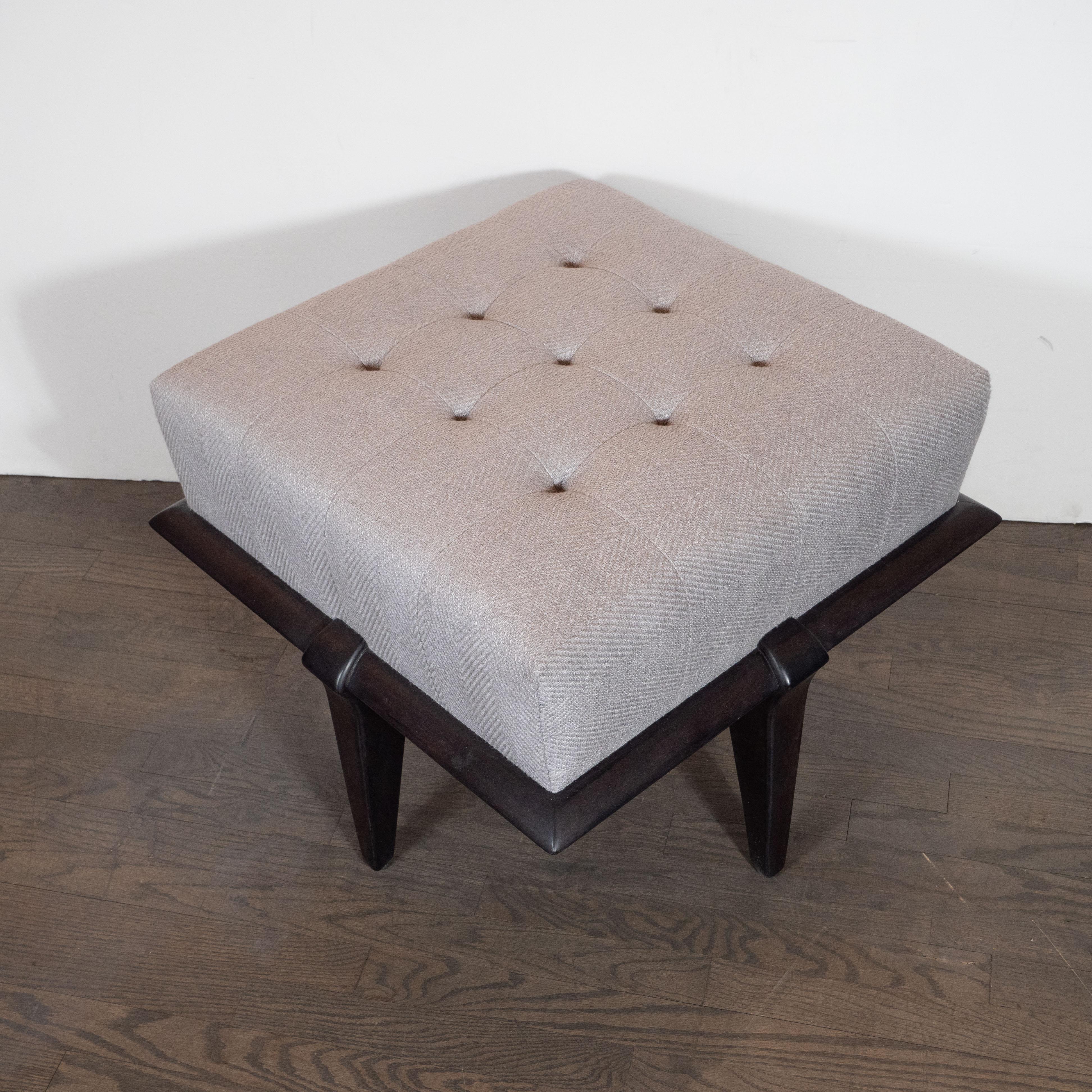 Mid-20th Century Mid-Century Modern Ebonized Walnut and Dove Gray Button Tufted Ottoman For Sale