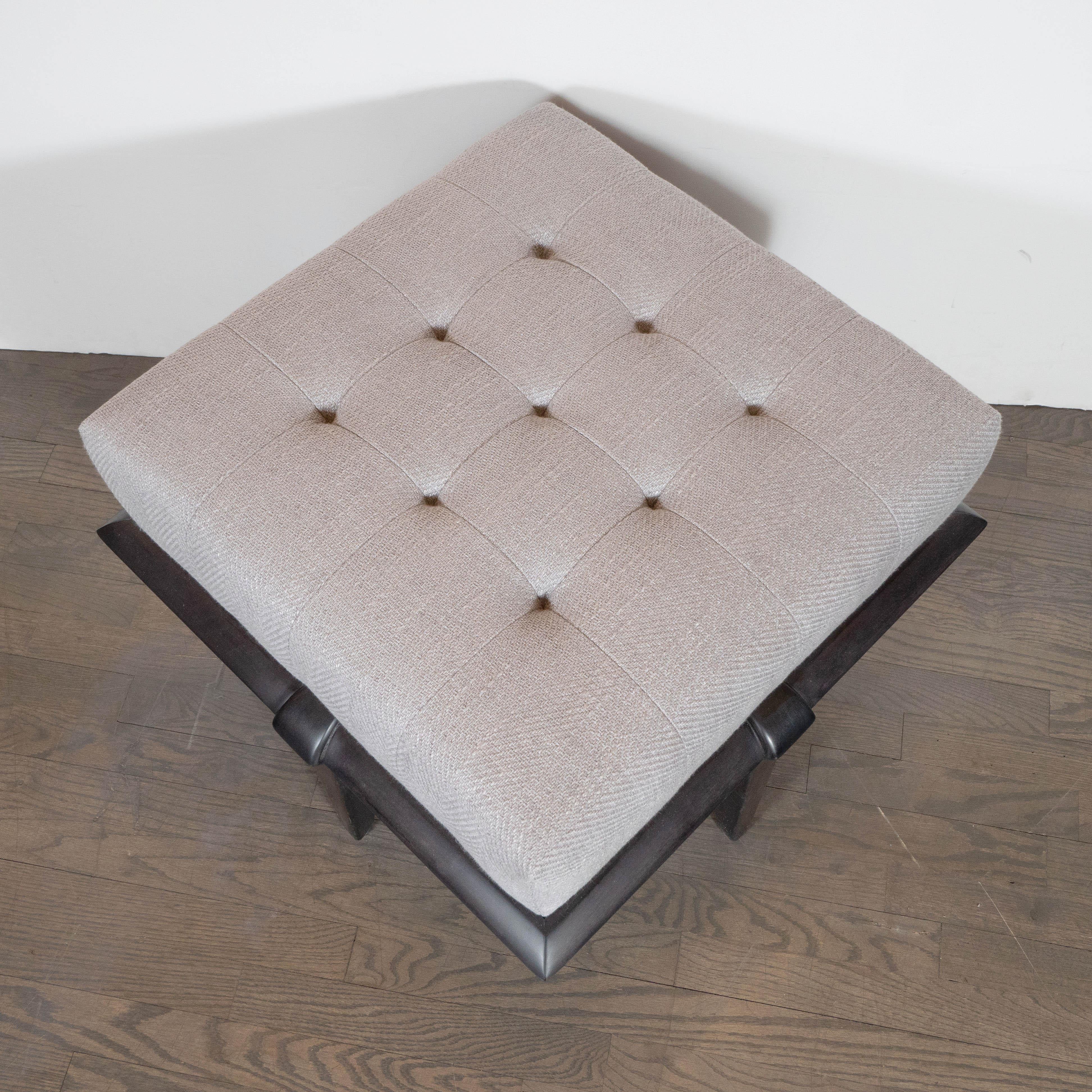 Upholstery Mid-Century Modern Ebonized Walnut and Dove Gray Button Tufted Ottoman For Sale