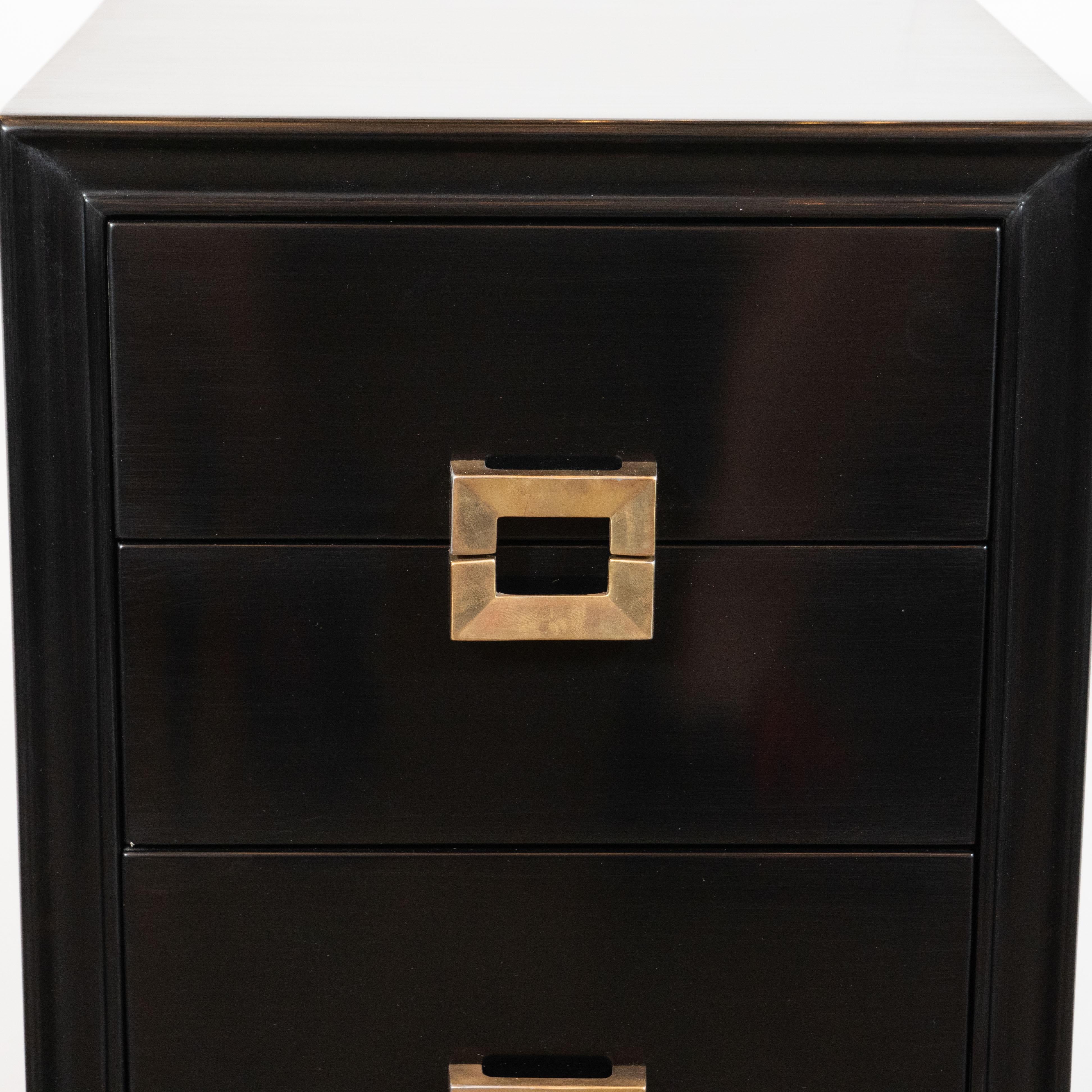 Mid-Century Modern Ebonized Walnut Nightstands with Brass Pulls by Kittinger In Excellent Condition In New York, NY